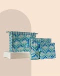 Aqua Bloom - Handblock Printed Quilted Pouch Trio