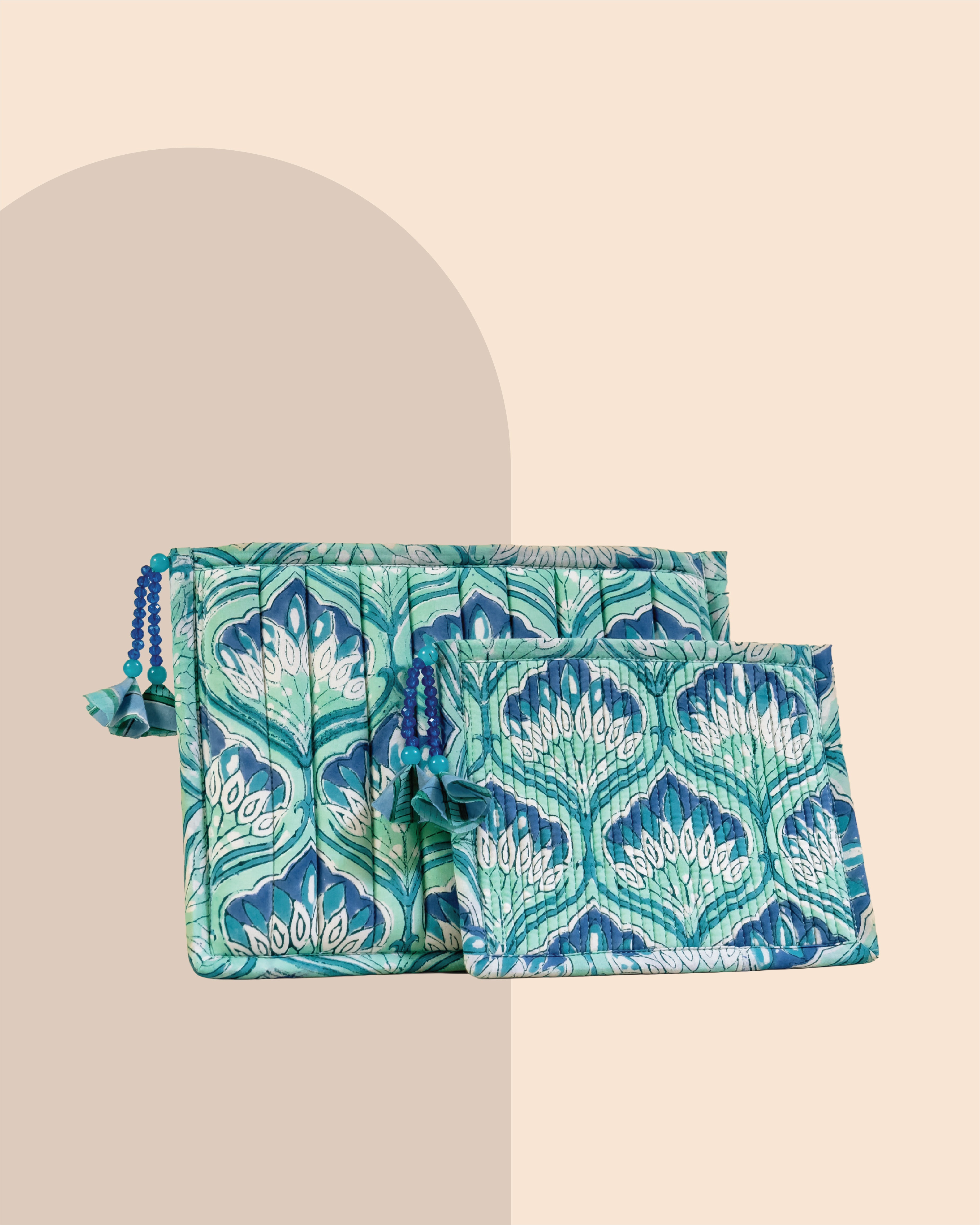 Aqua Bloom - Handblock Printed Quilted Pouch Trio