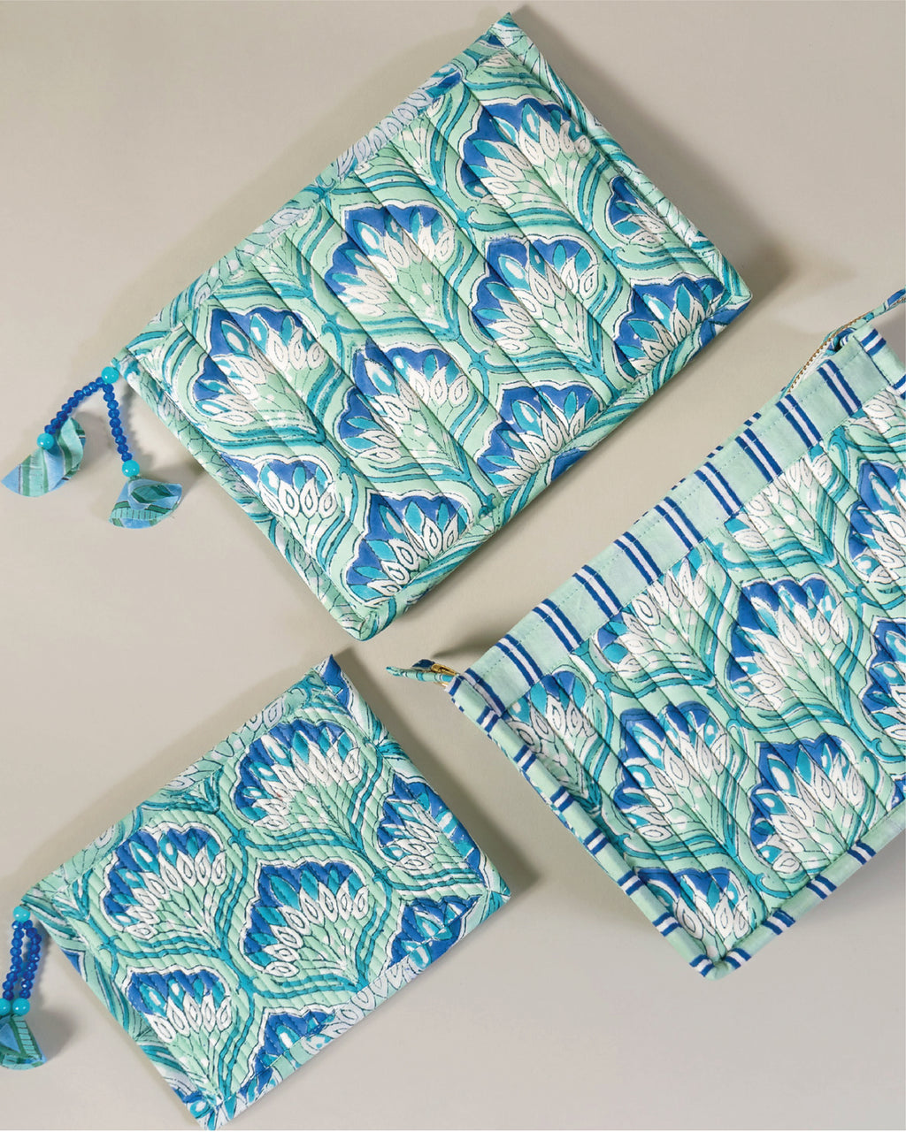 Aqua Bloom - Handblock Printed Quilted Pouch Trio