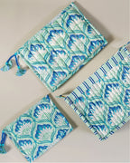 Aqua Bloom - Handblock Printed Quilted Pouch Trio