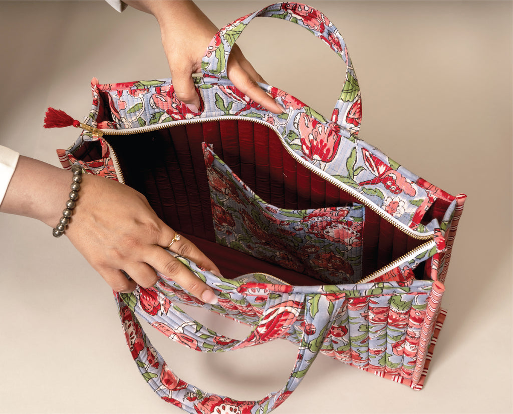Bloomzilla - Handblock Printed Quilted Tote Bag