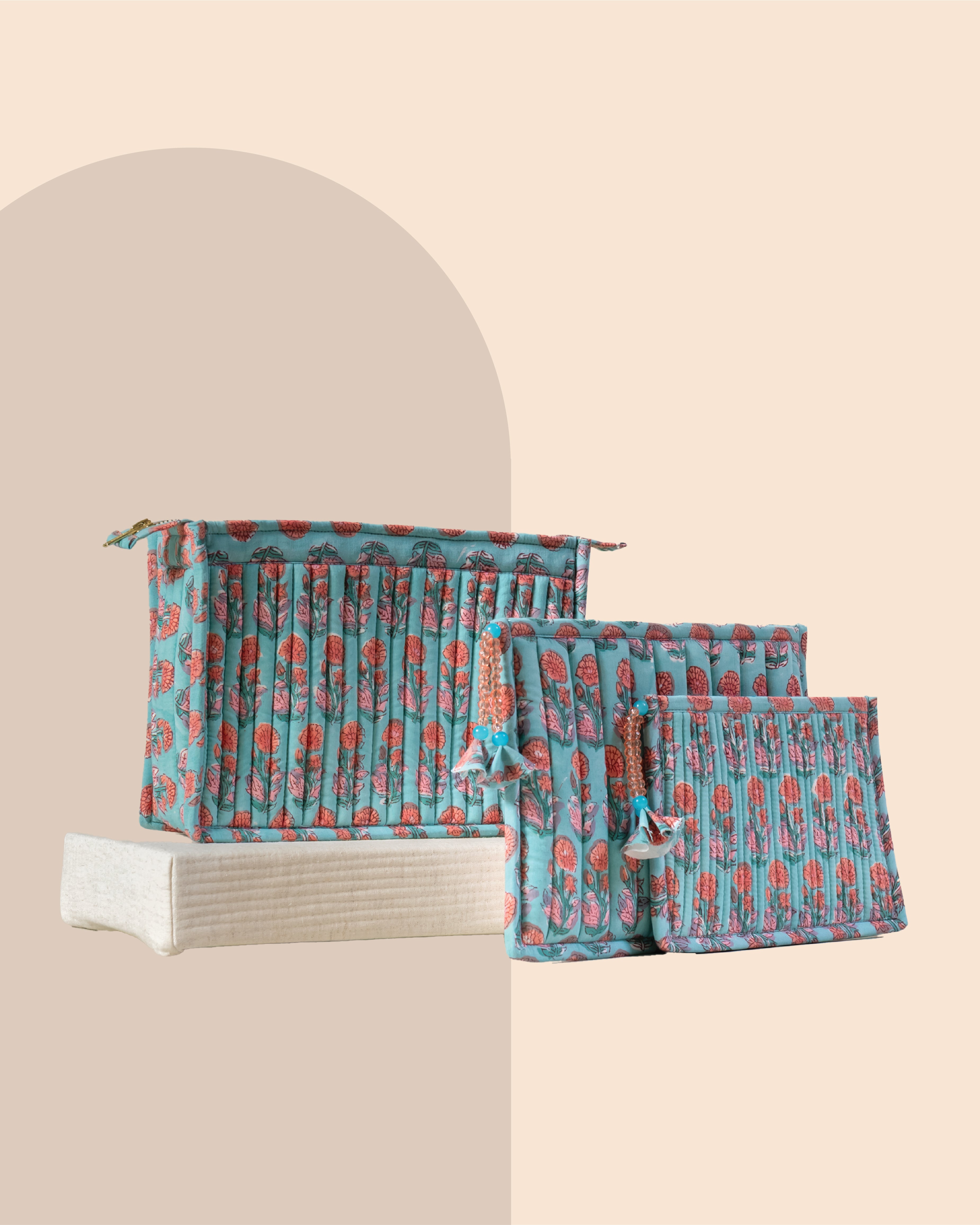 Blueberry Blossom - Handblock Printed Quilted Pouch Trio