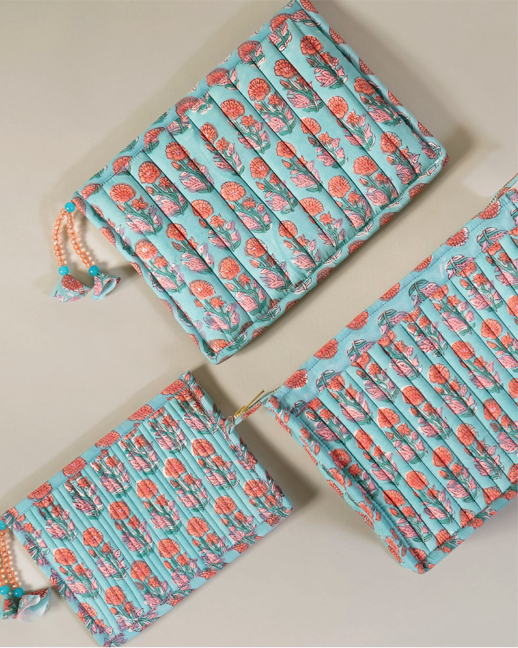 Blueberry Blossom - Handblock Printed Quilted Pouch Trio