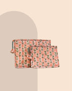 Blush Bloom- Handblock Printed Quilted Pouch Trio