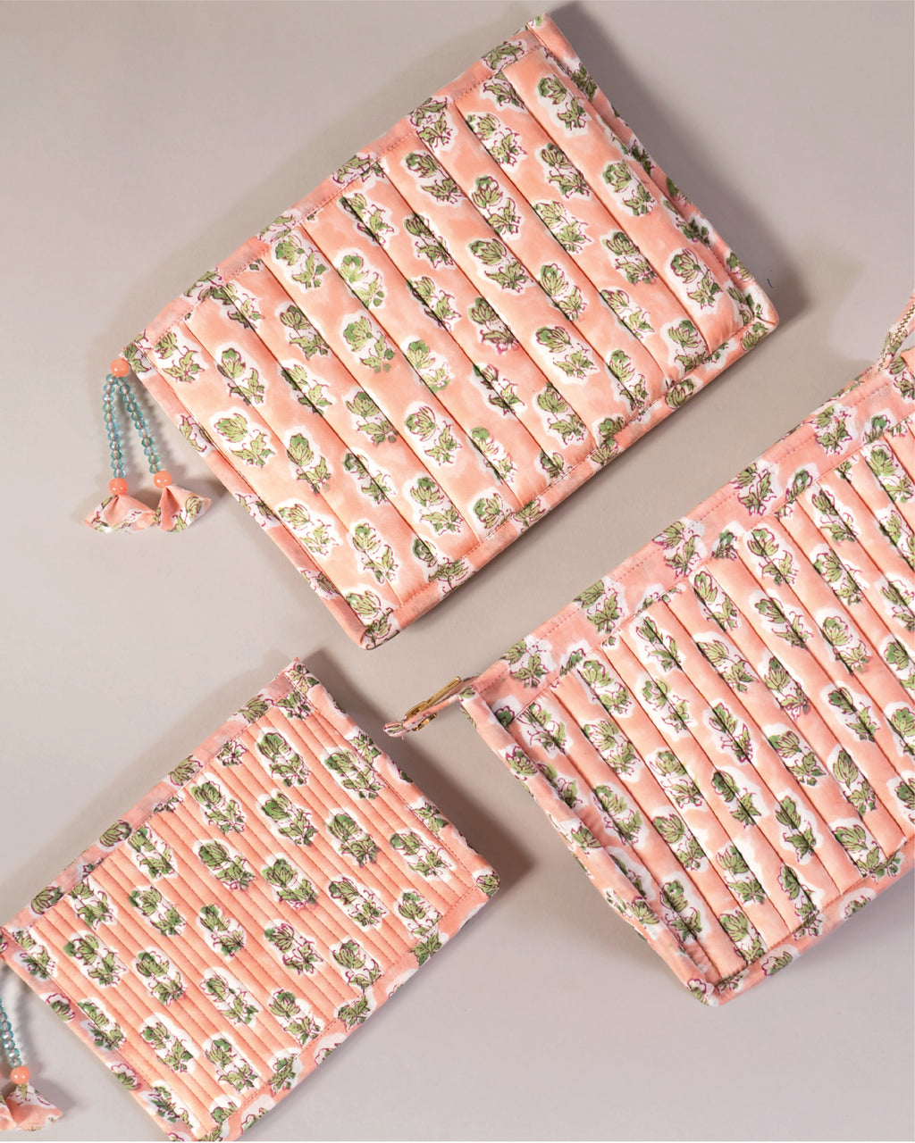 Blush Bloom- Handblock Printed Quilted Pouch Trio