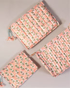 Blush Bloom- Handblock Printed Quilted Pouch Trio