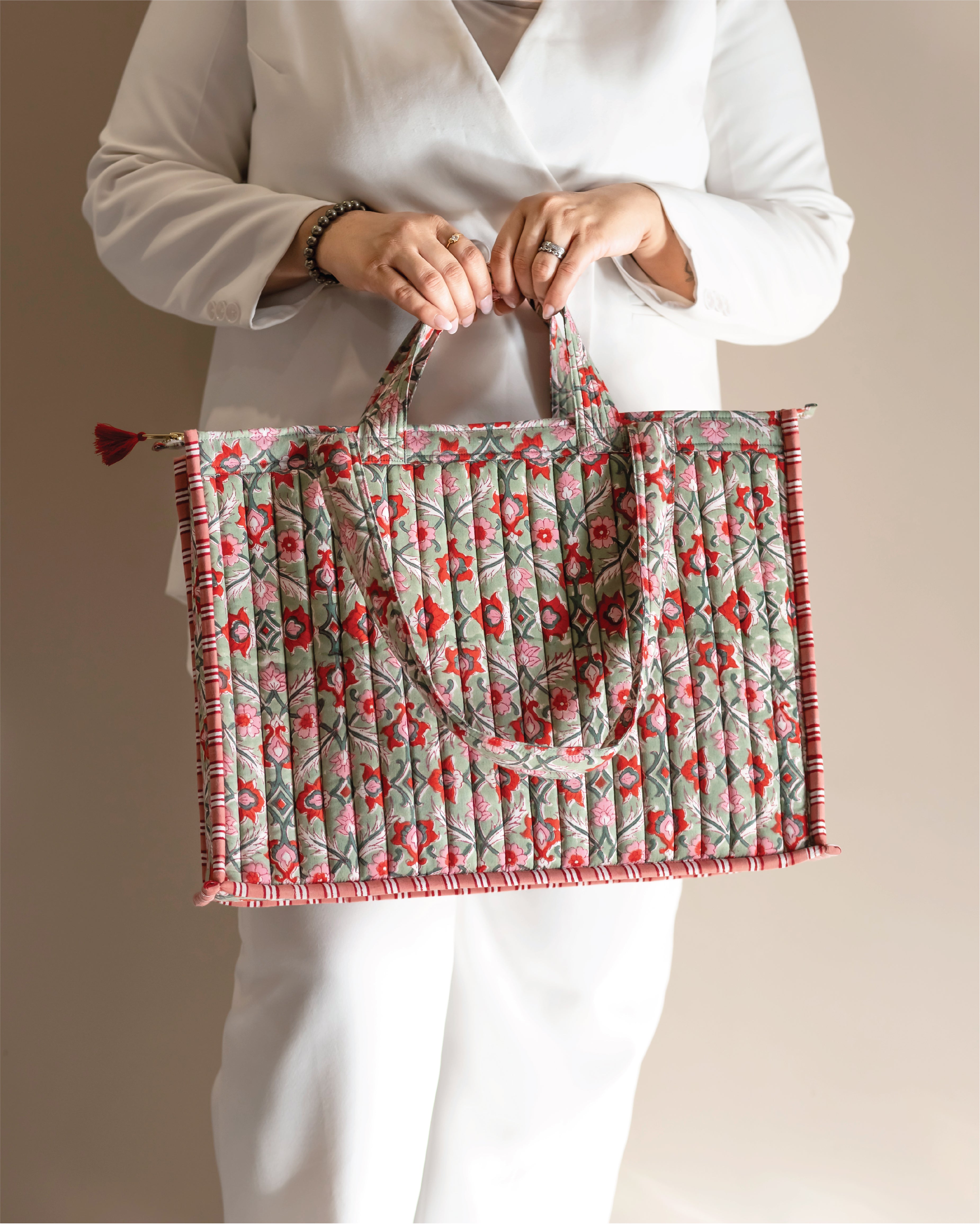 Blush Bazaar- Handblock Printed Quilted Tote Bag