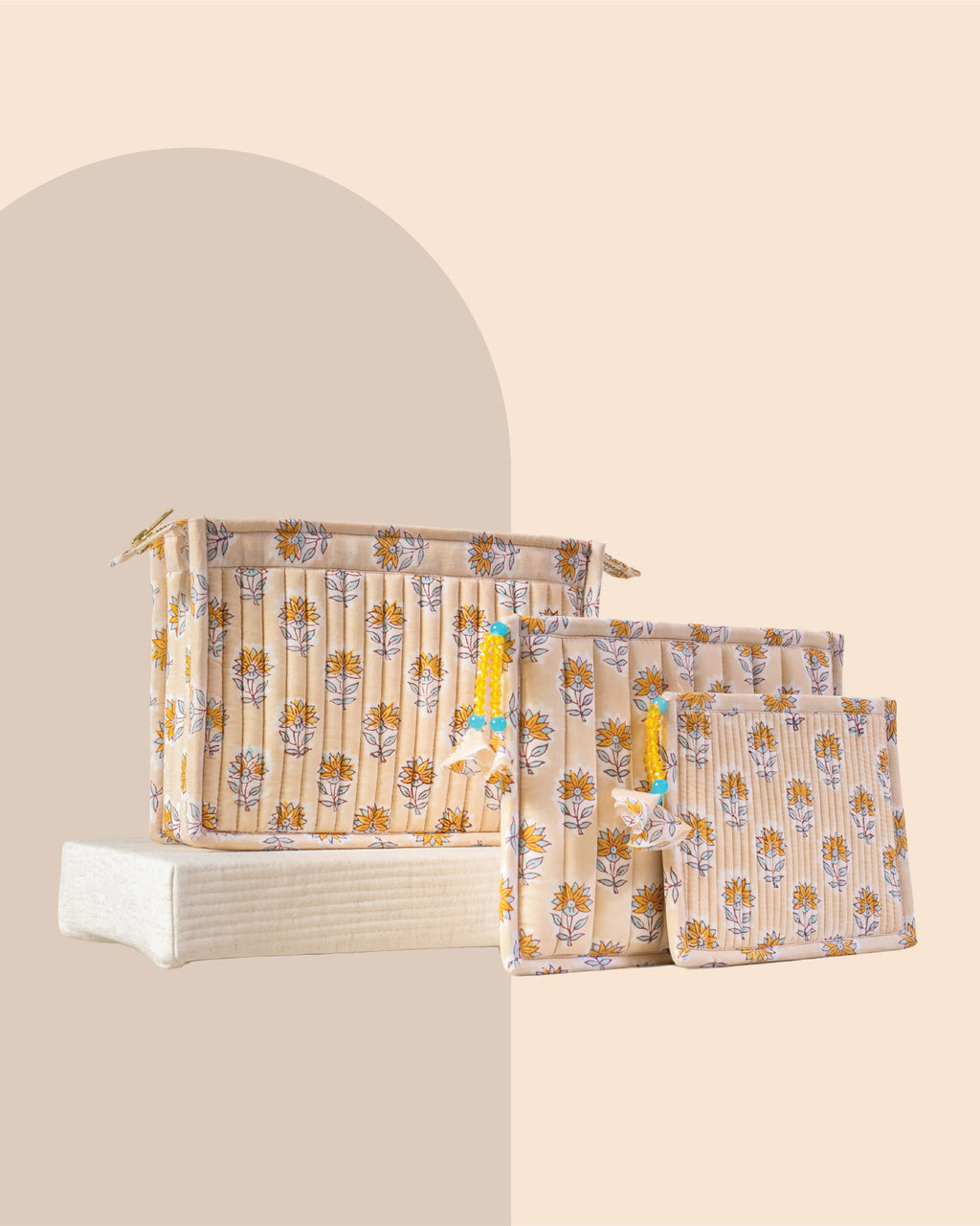 Buttercream Bloom - Handblock Printed Quilted Pouch Trio