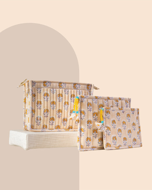 Buttercream Bloom - Handblock Printed Quilted Pouch Trio