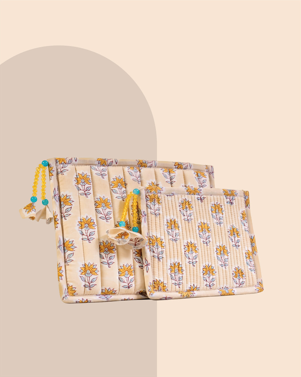 Buttercream Bloom - Handblock Printed Quilted Pouch Trio