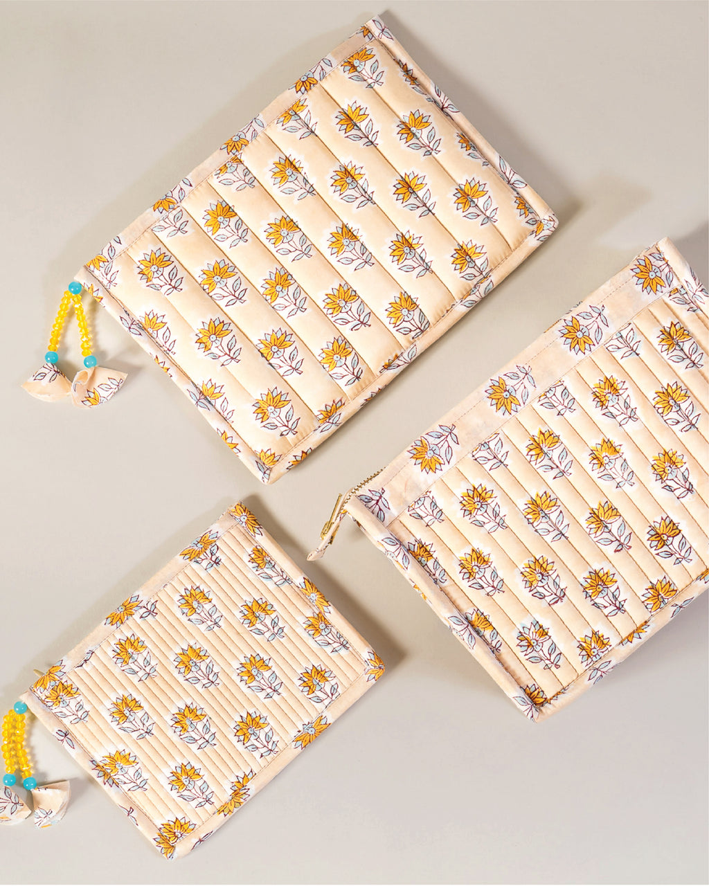 Buttercream Bloom - Handblock Printed Quilted Pouch Trio