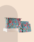 Coral Blue - Handblock Printed Quilted Pouch Trio