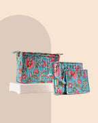 Coral Blue - Handblock Printed Quilted Pouch Trio