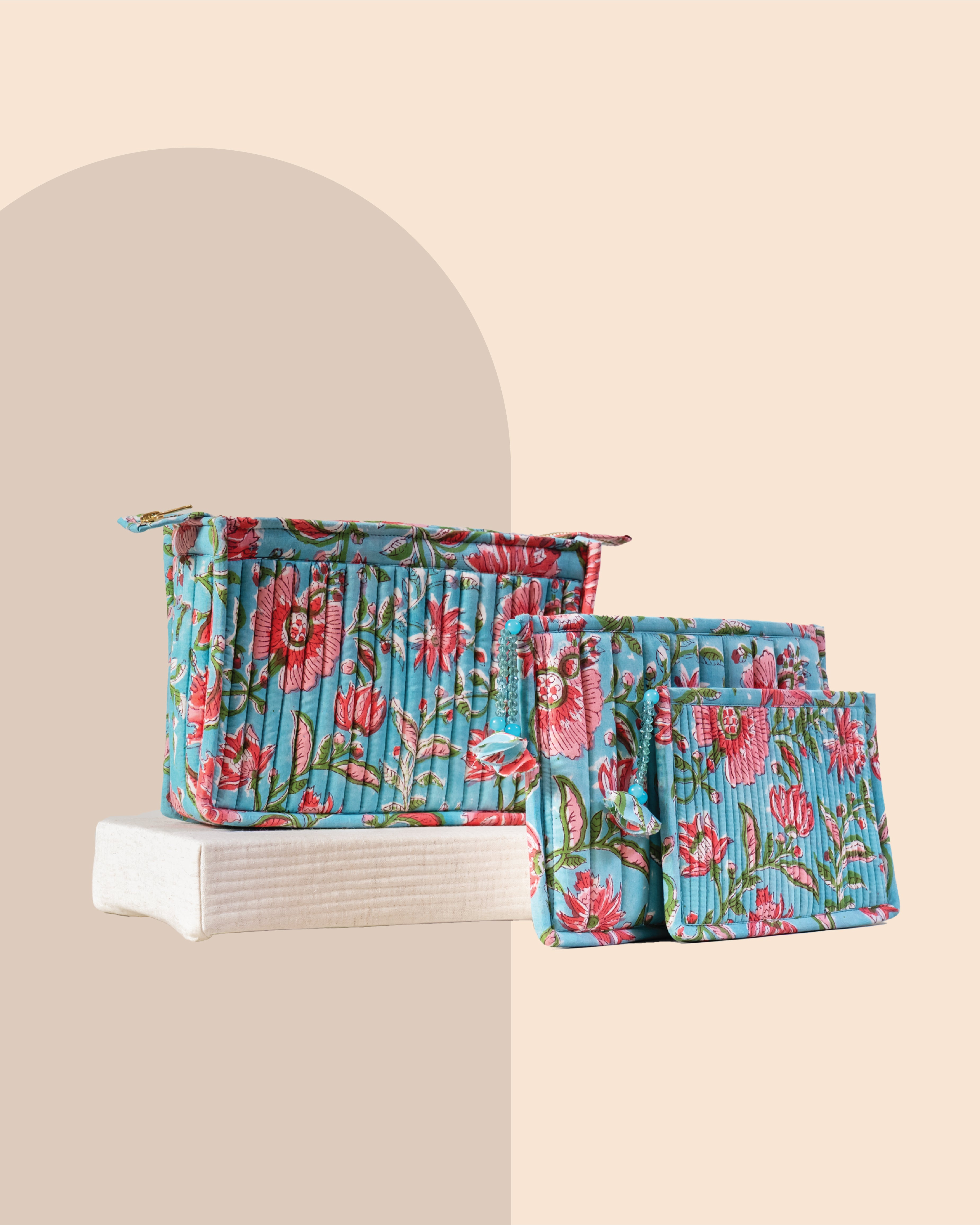 Coral Blue - Handblock Printed Quilted Pouch Trio
