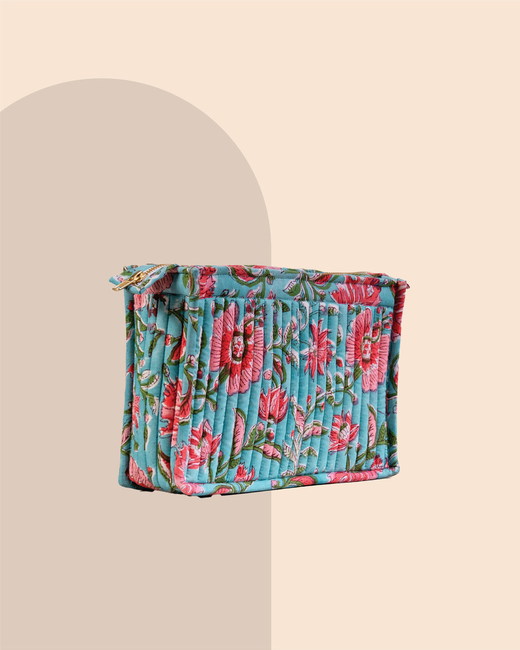 Coral Blue - Handblock Printed Quilted Pouch Trio