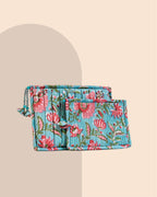 Coral Blue - Handblock Printed Quilted Pouch Trio