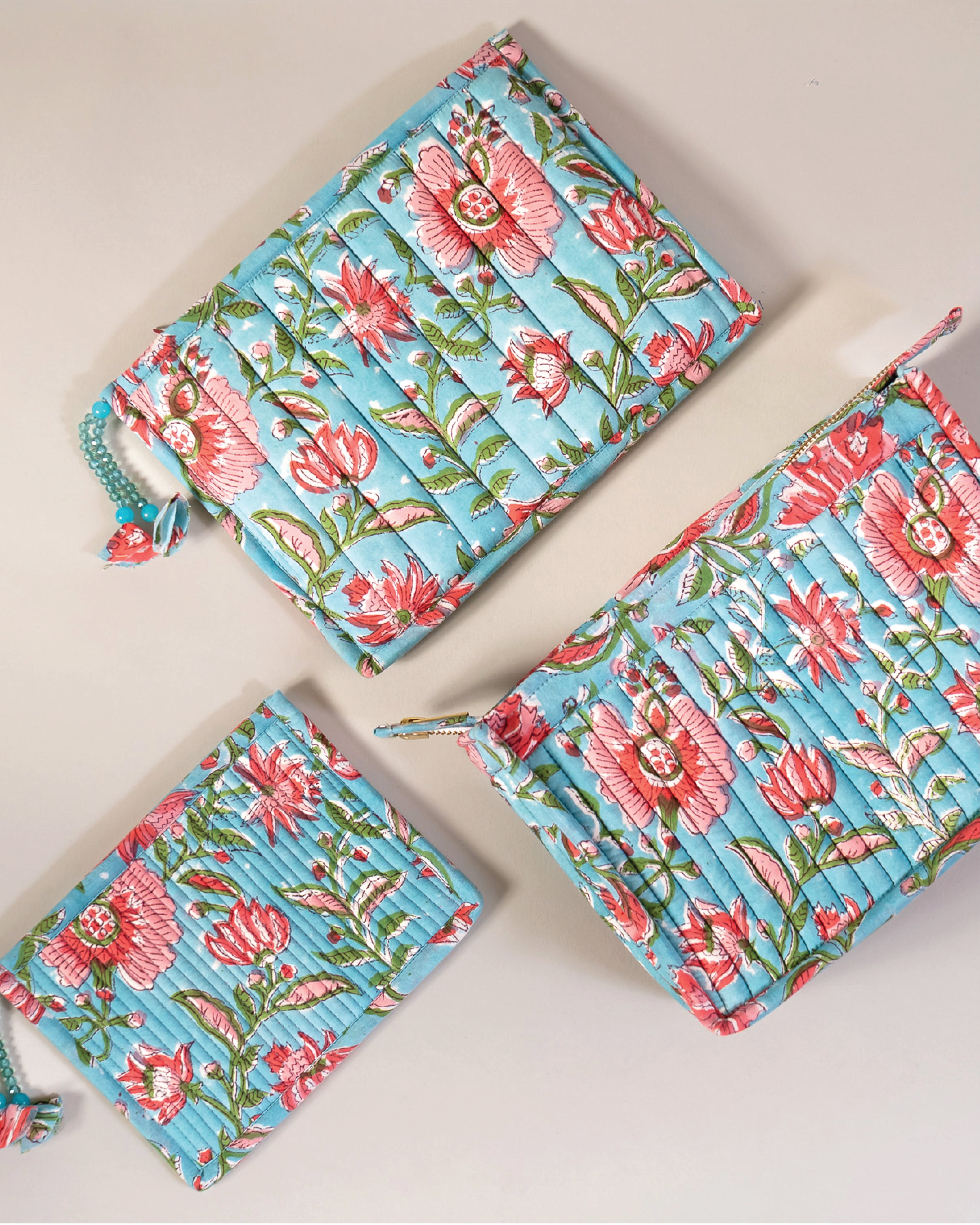 Coral Blue - Handblock Printed Quilted Pouch Trio