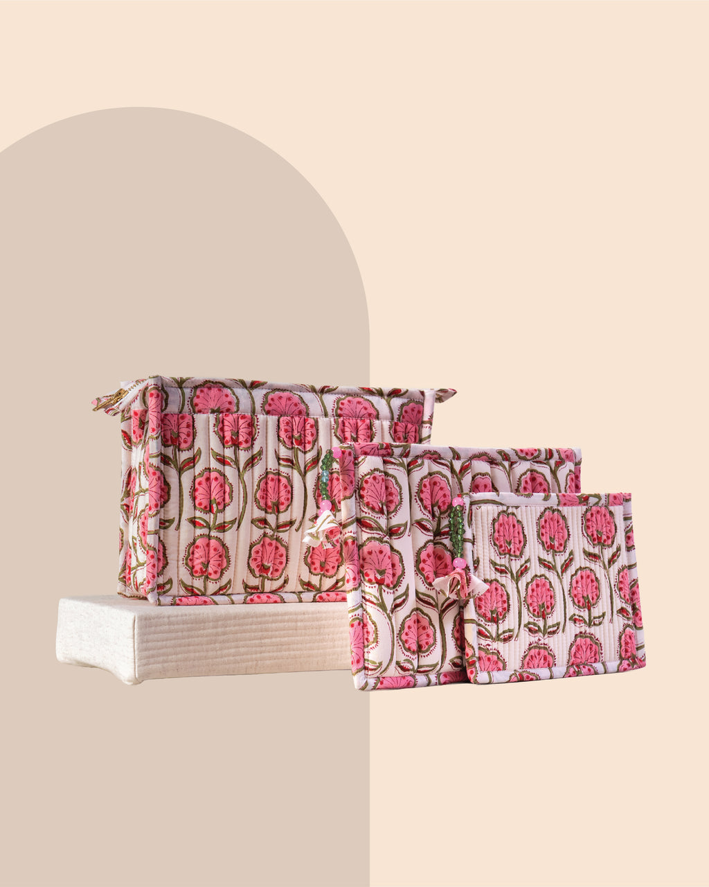 Cotton Candy - Handblock Printed Quilted Pouch Trio