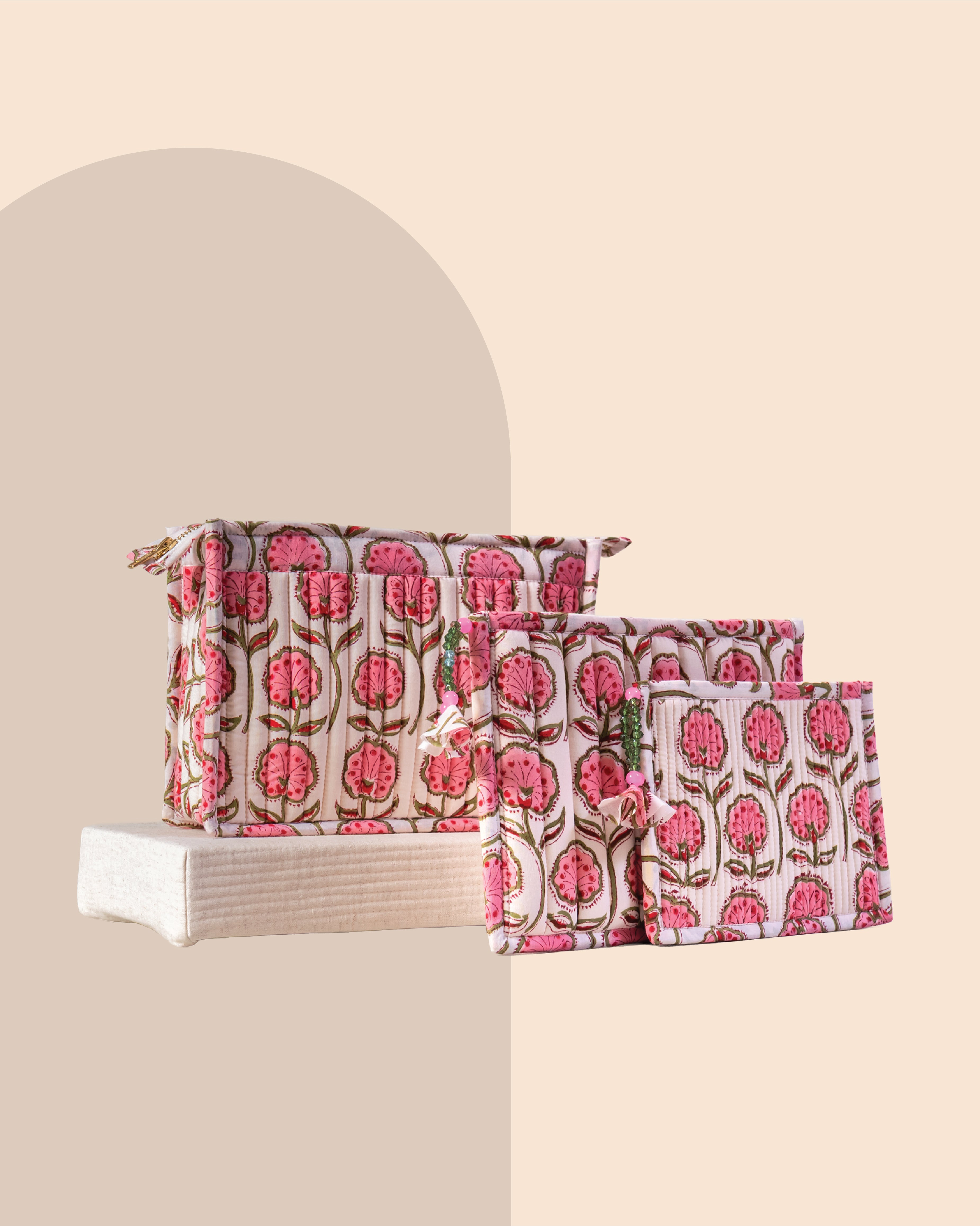 Cotton Candy - Handblock Printed Quilted Pouch Trio
