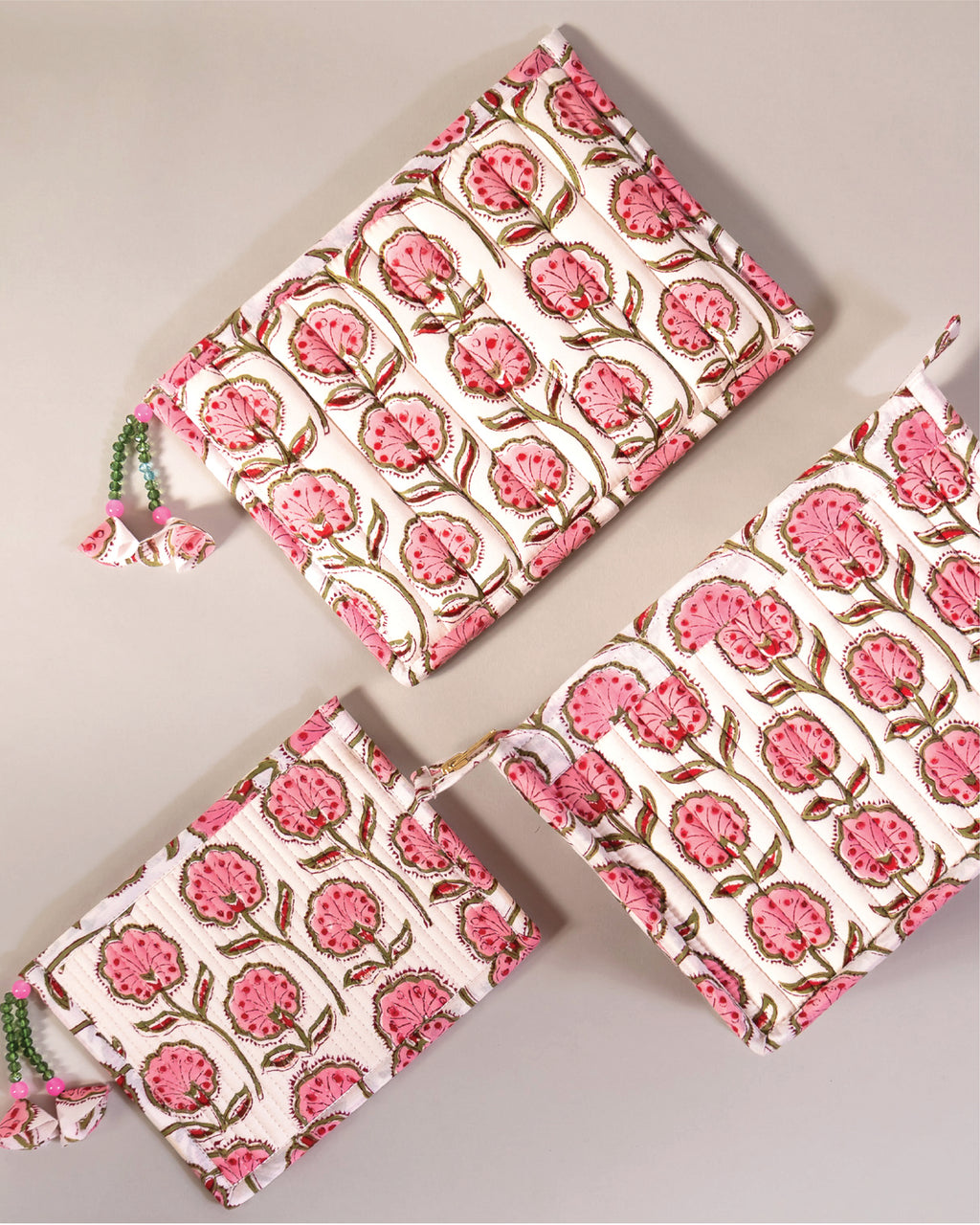 Cotton Candy - Handblock Printed Quilted Pouch Trio