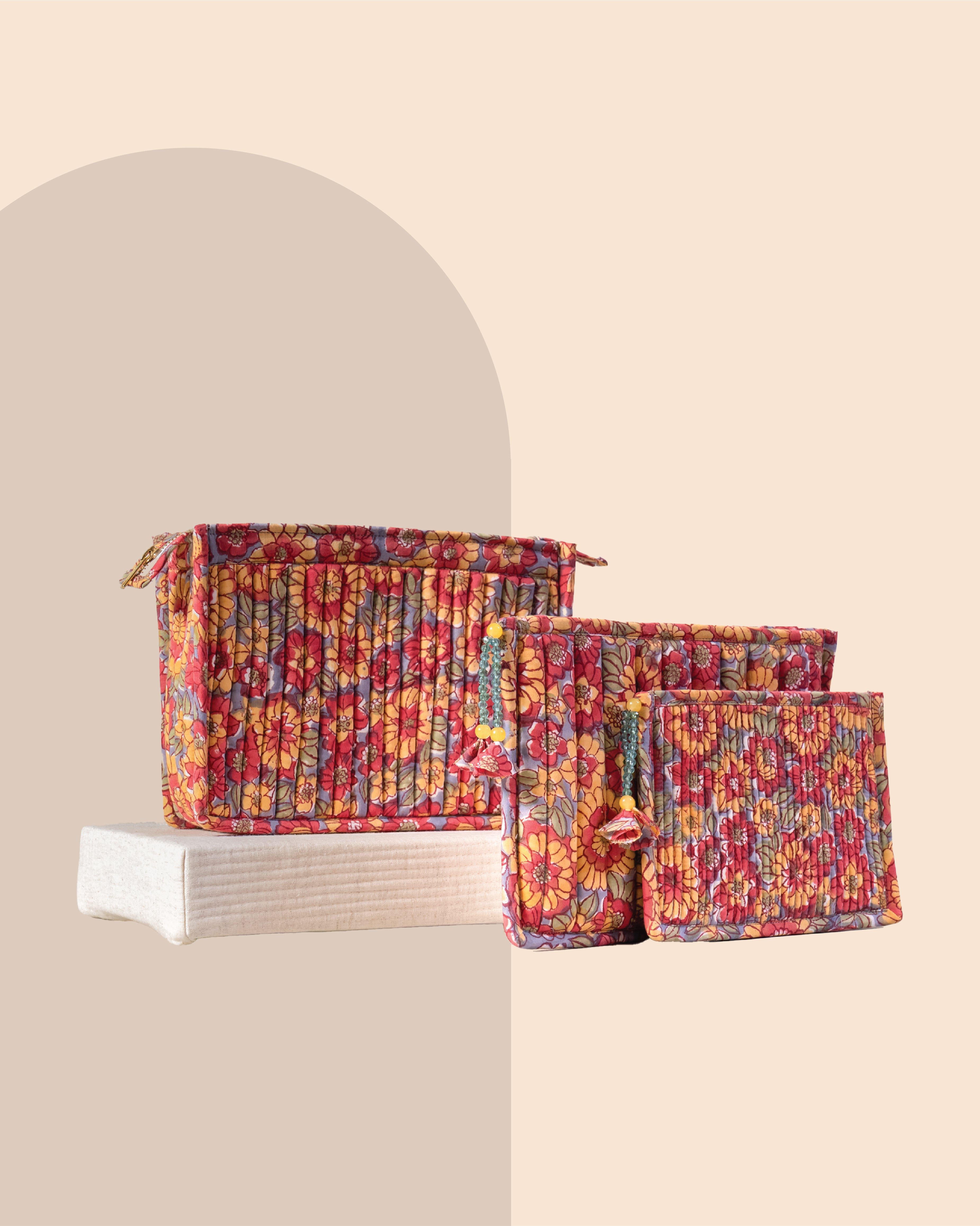 Crimson Sorbet - Handblock Printed Quilted Pouch Trio