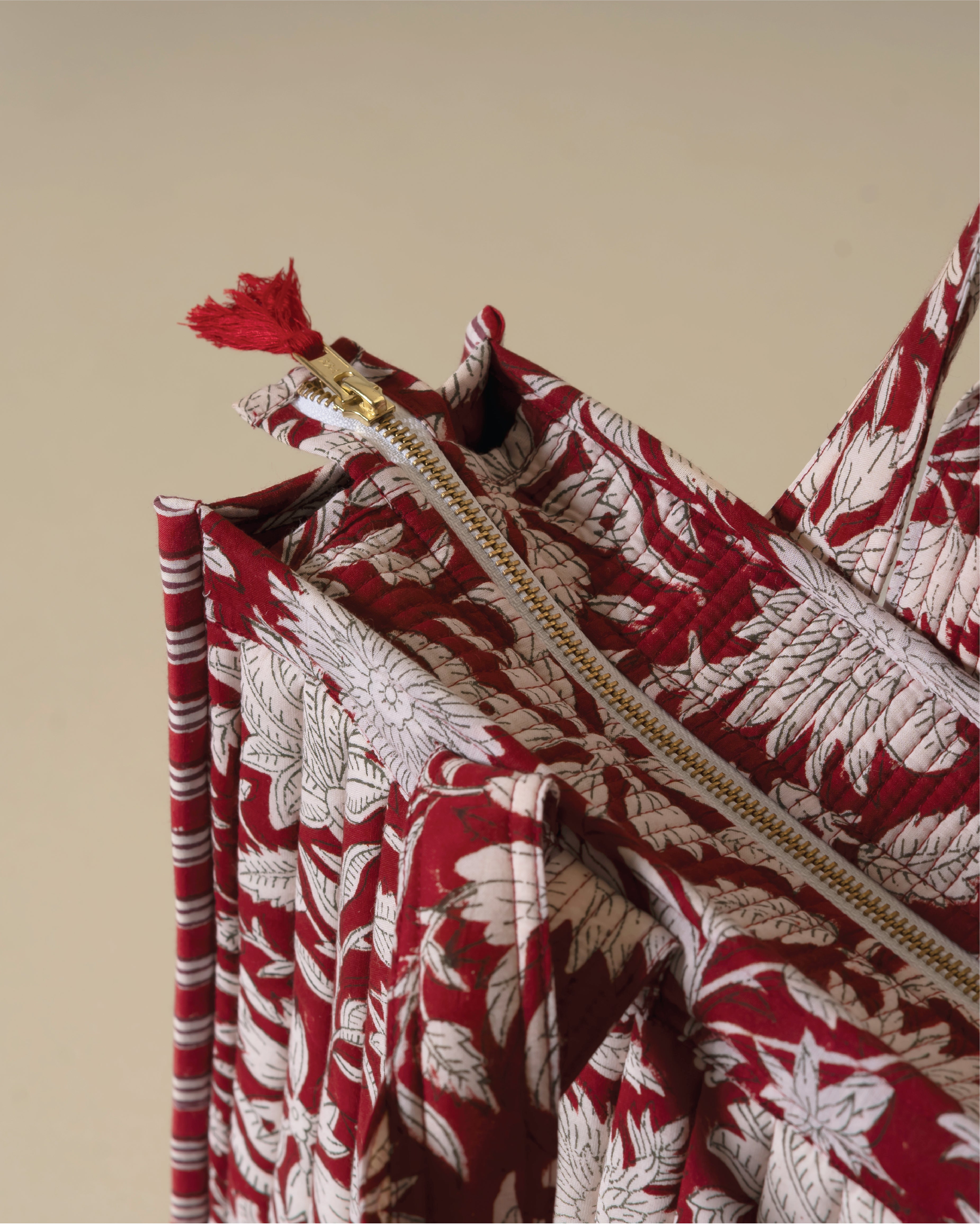 Crimson Crush- Handblock Printed Quilted Tote Bag