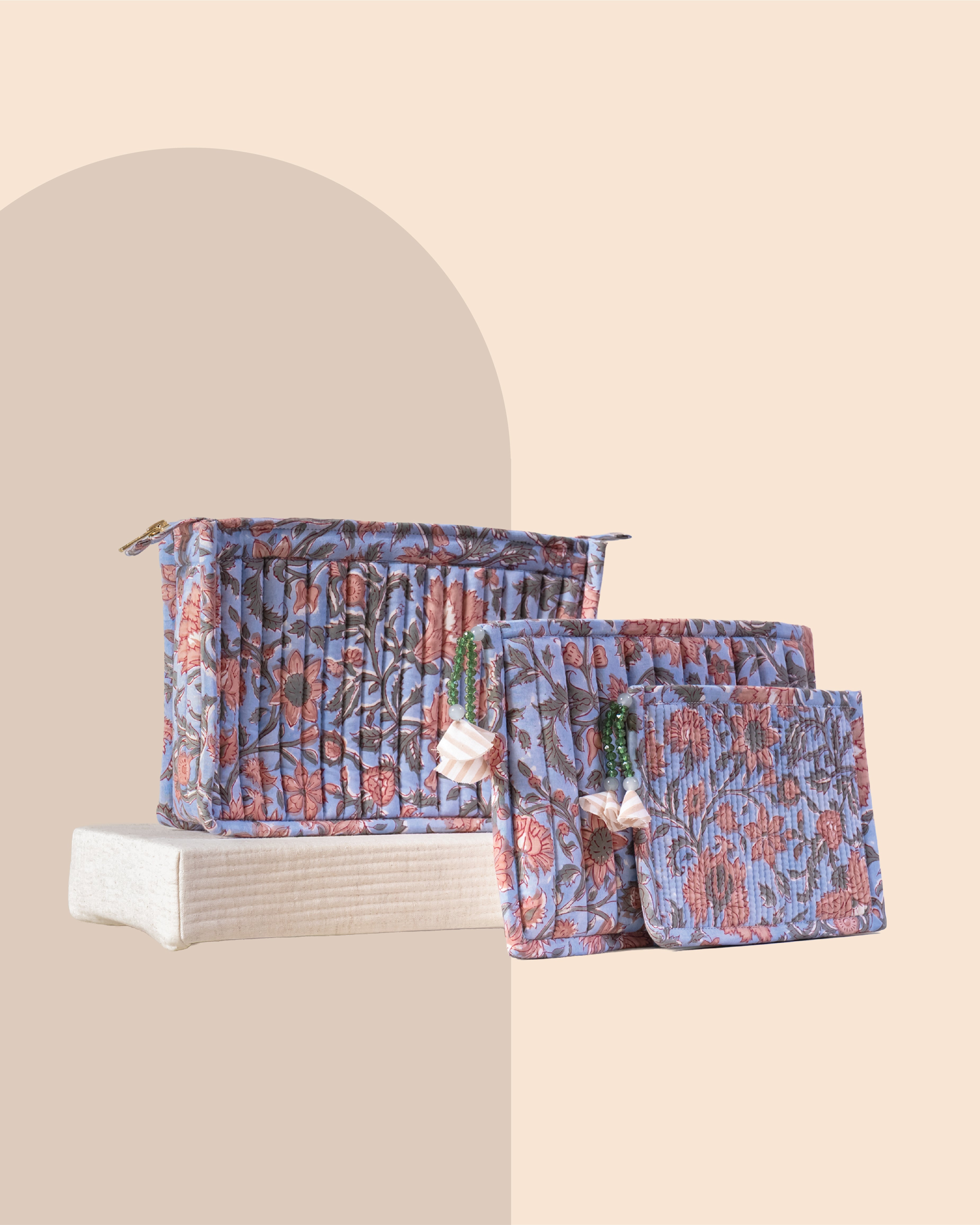 Dusty Lilac - Handblock Printed Quilted Pouch Trio
