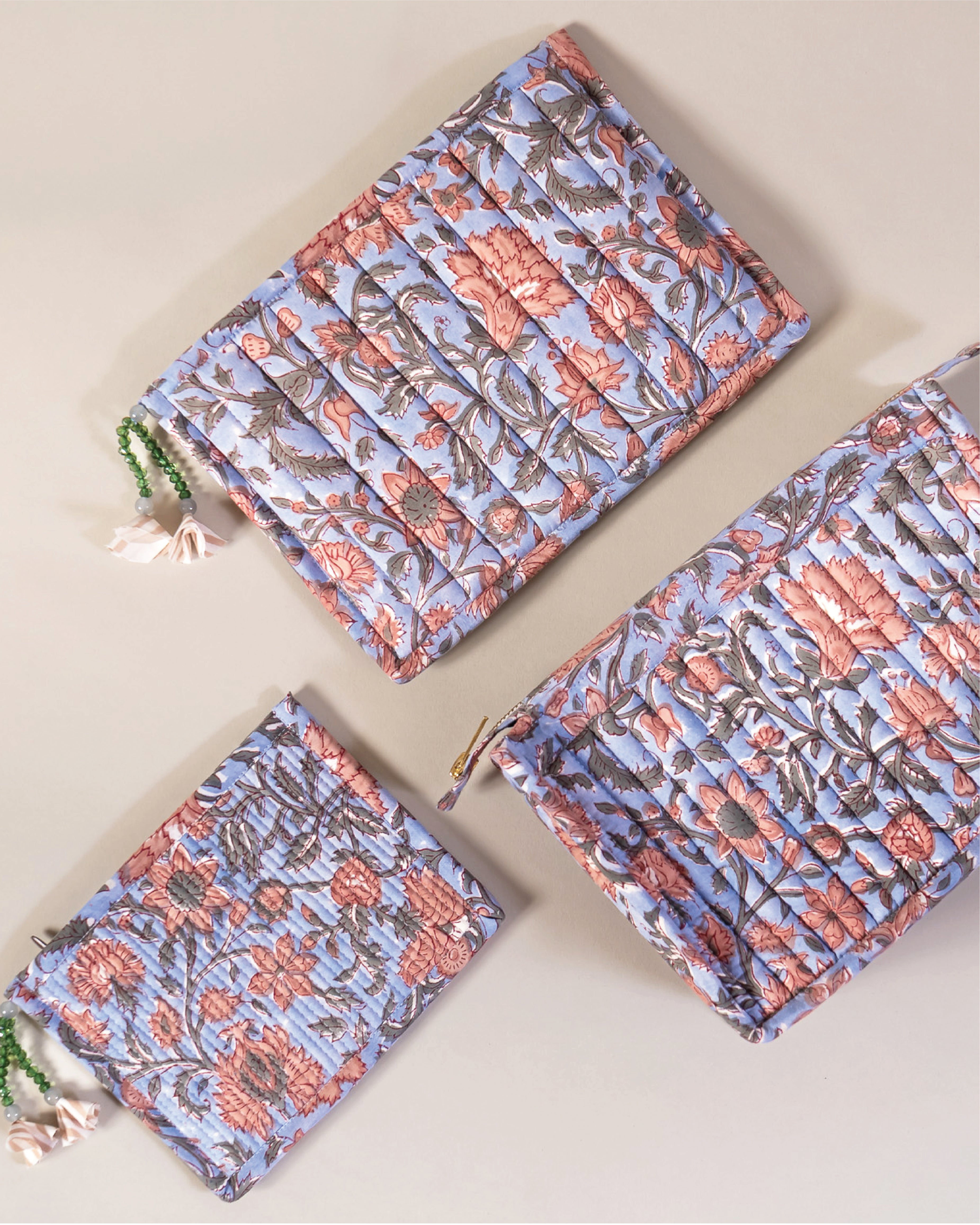 Dusty Lilac - Handblock Printed Quilted Pouch Trio