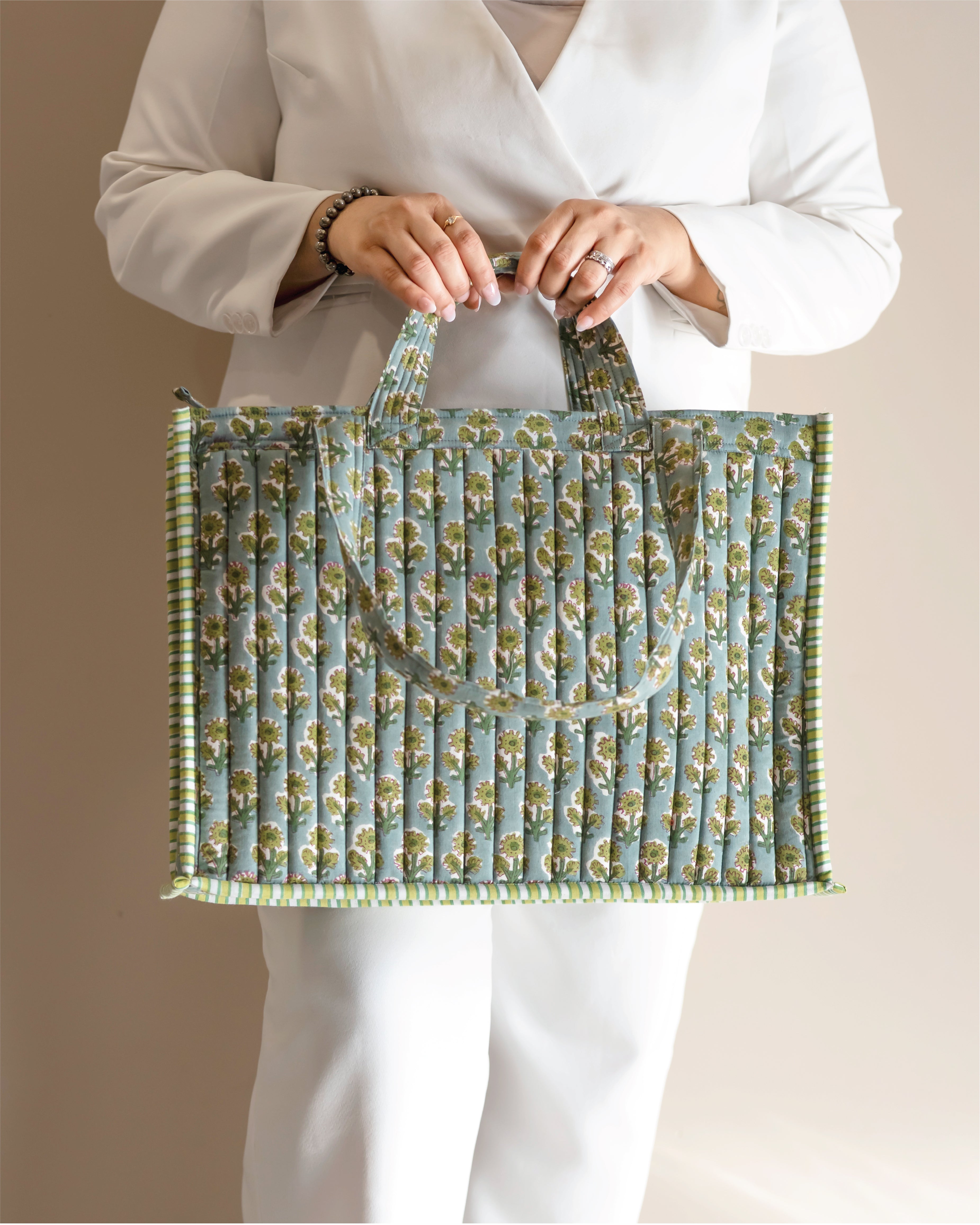 Garden Gossip - Handblock Printed Quilted Tote Bag