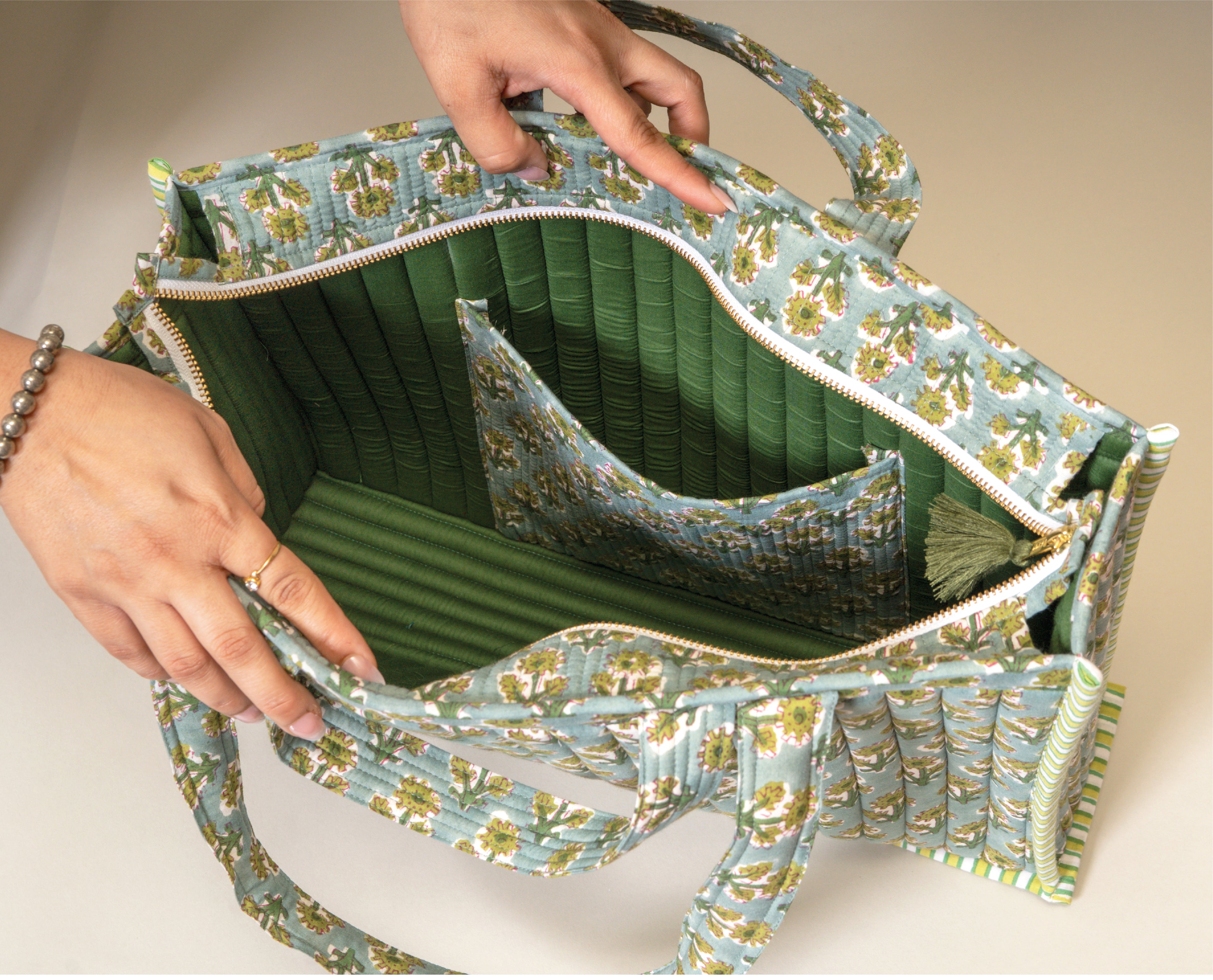 Garden Gossip - Handblock Printed Quilted Tote Bag