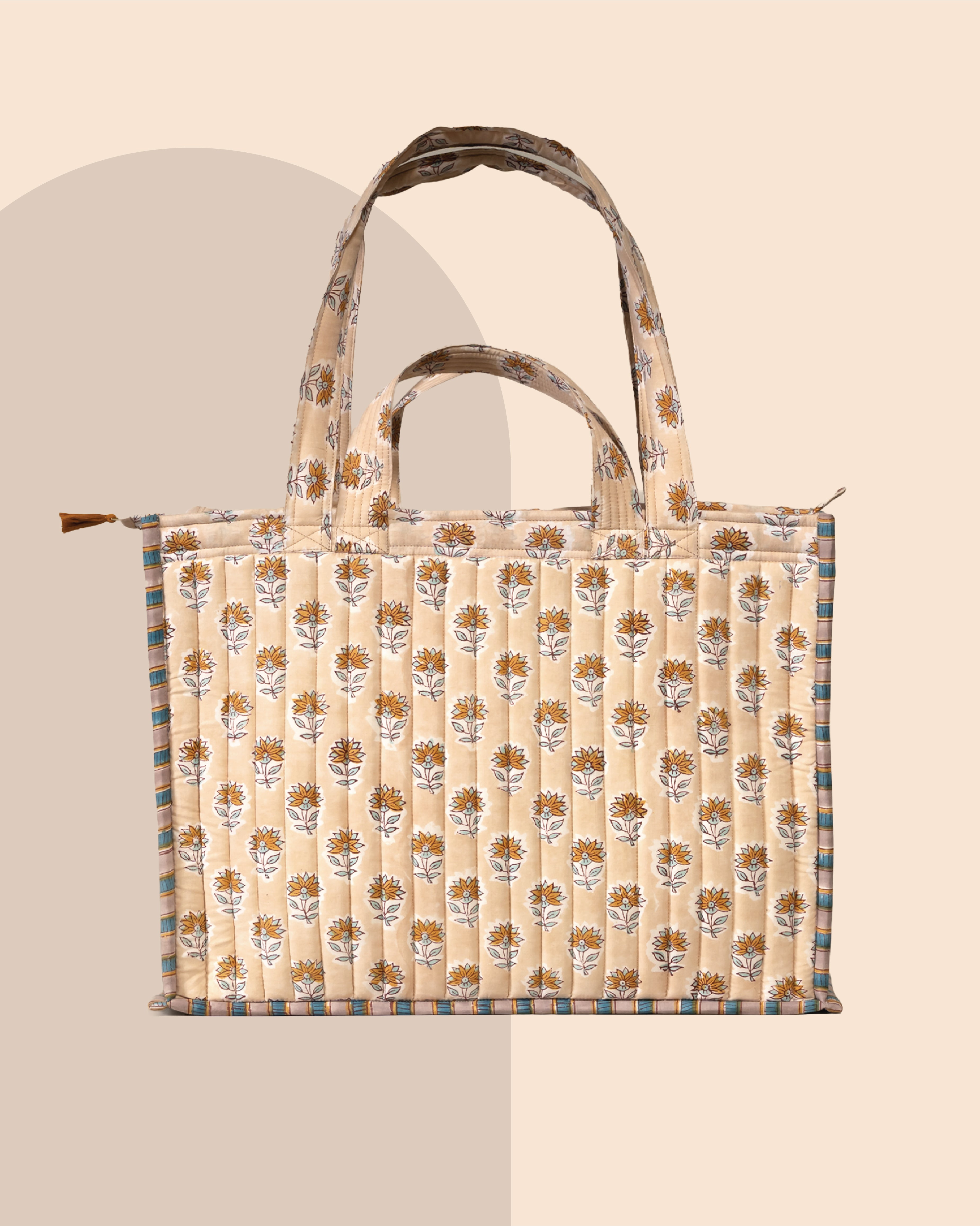 Golden Hour Gossip- Handblock Printed Quilted Tote Bag