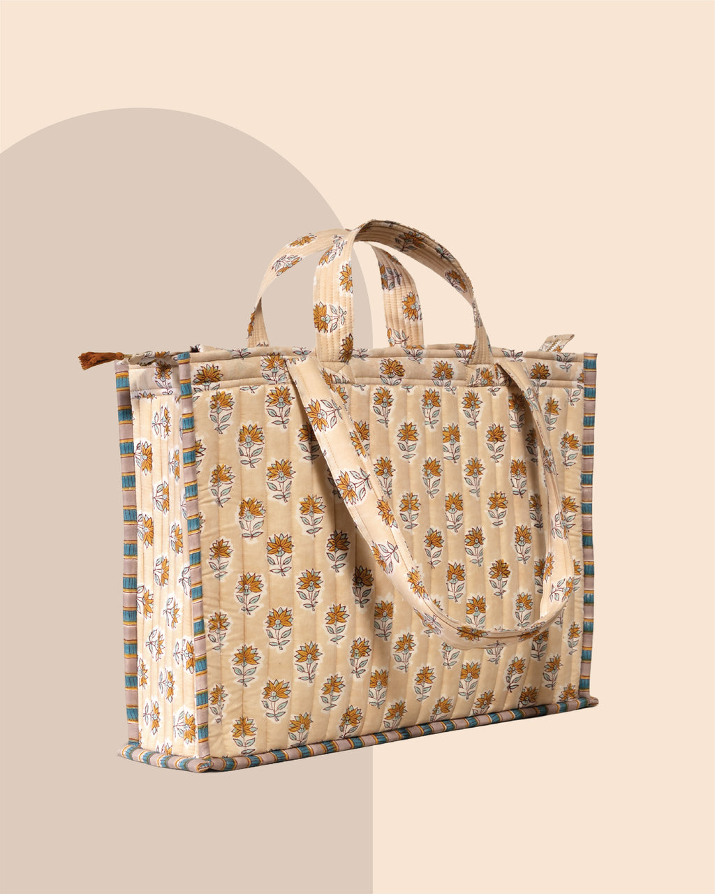 Golden Hour Gossip- Handblock Printed Quilted Tote Bag