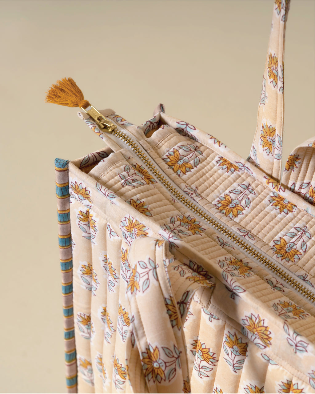 Golden Hour Gossip- Handblock Printed Quilted Tote Bag