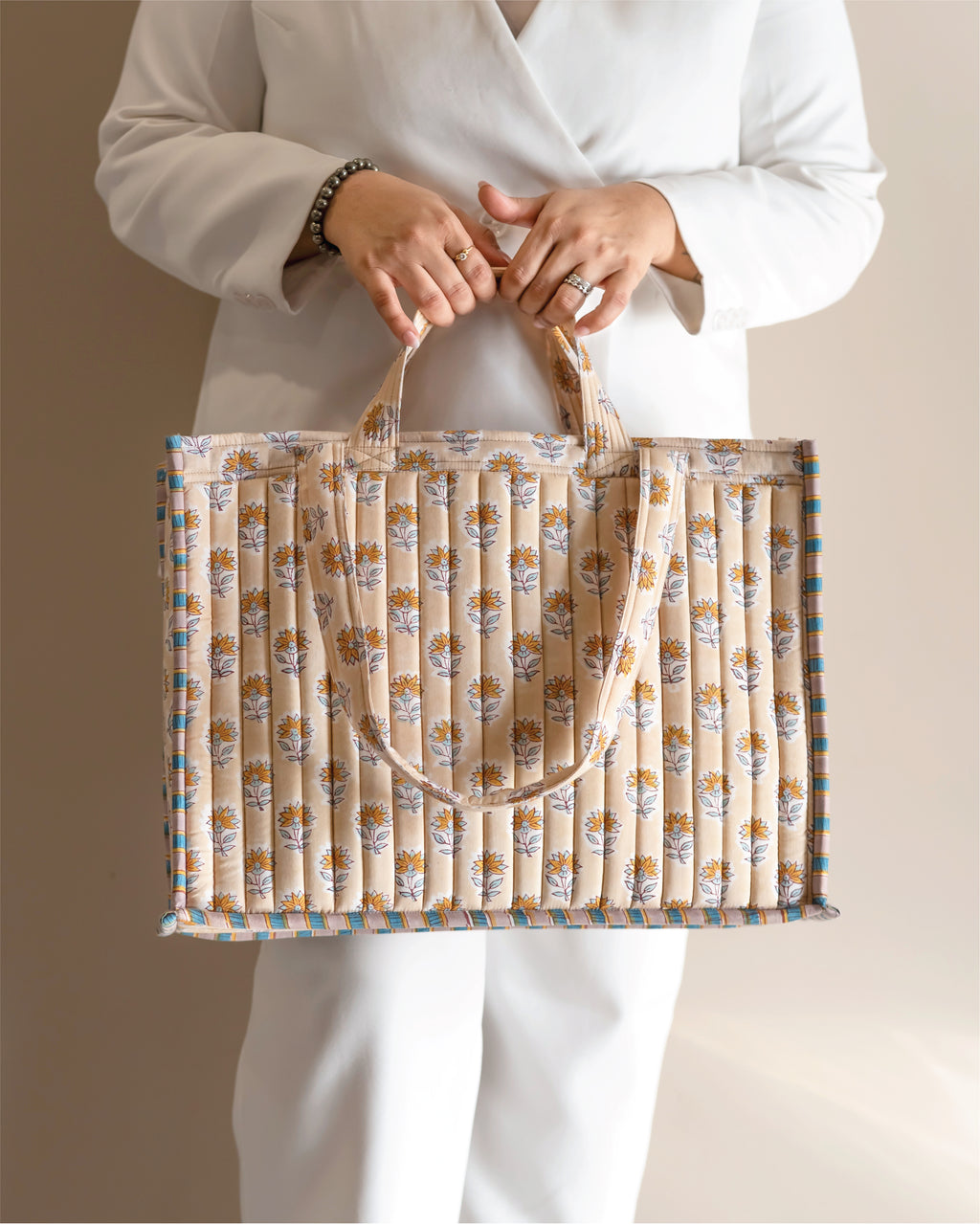 Golden Hour Gossip- Handblock Printed Quilted Tote Bag