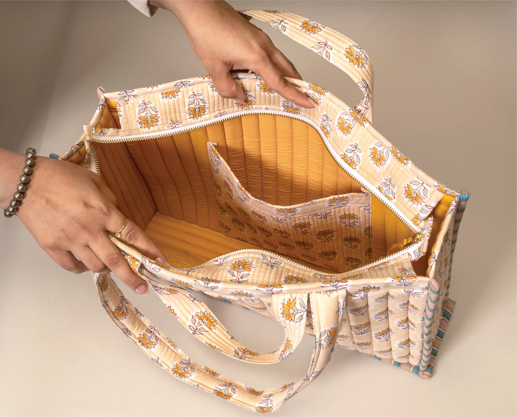 Golden Hour Gossip- Handblock Printed Quilted Tote Bag