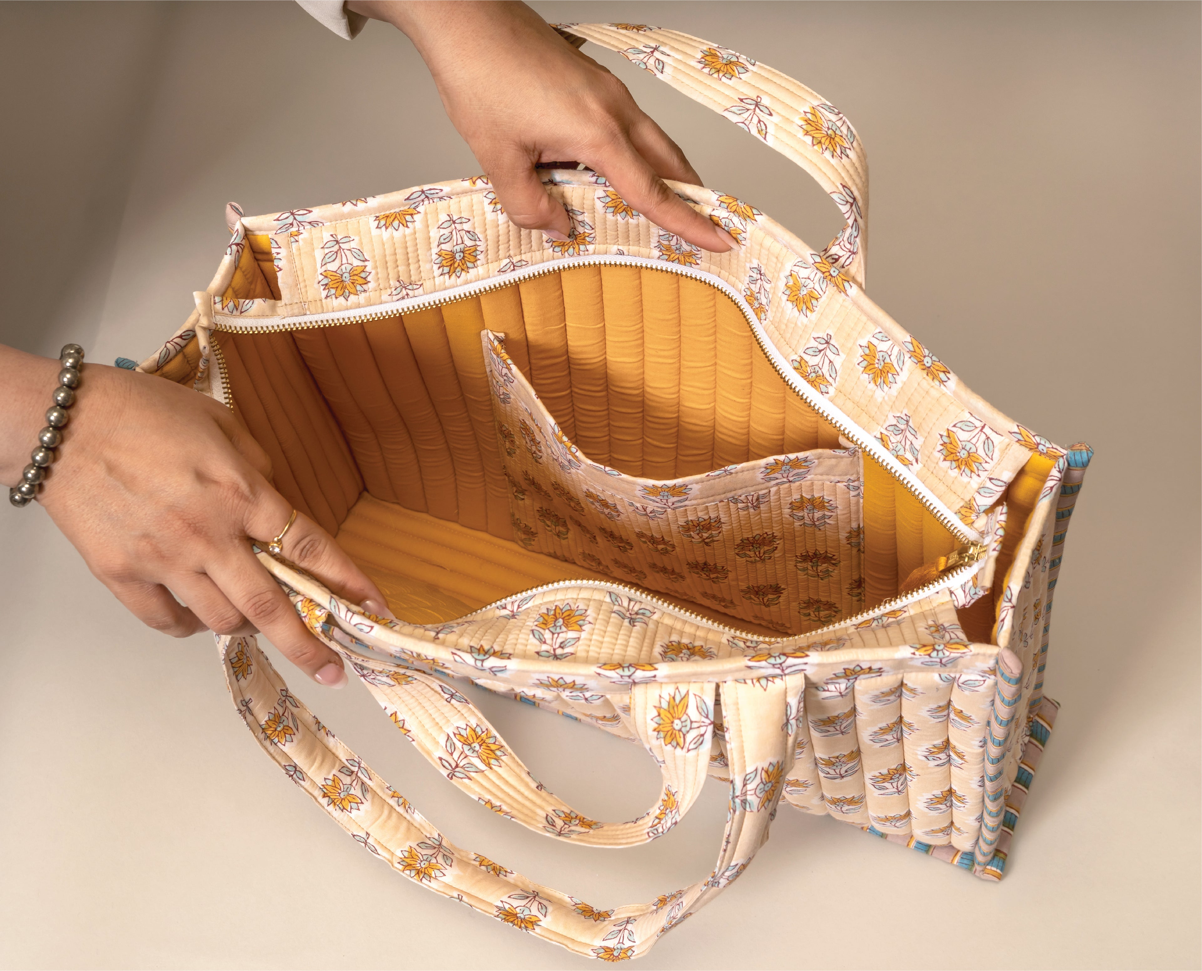Golden Hour Gossip- Handblock Printed Quilted Tote Bag