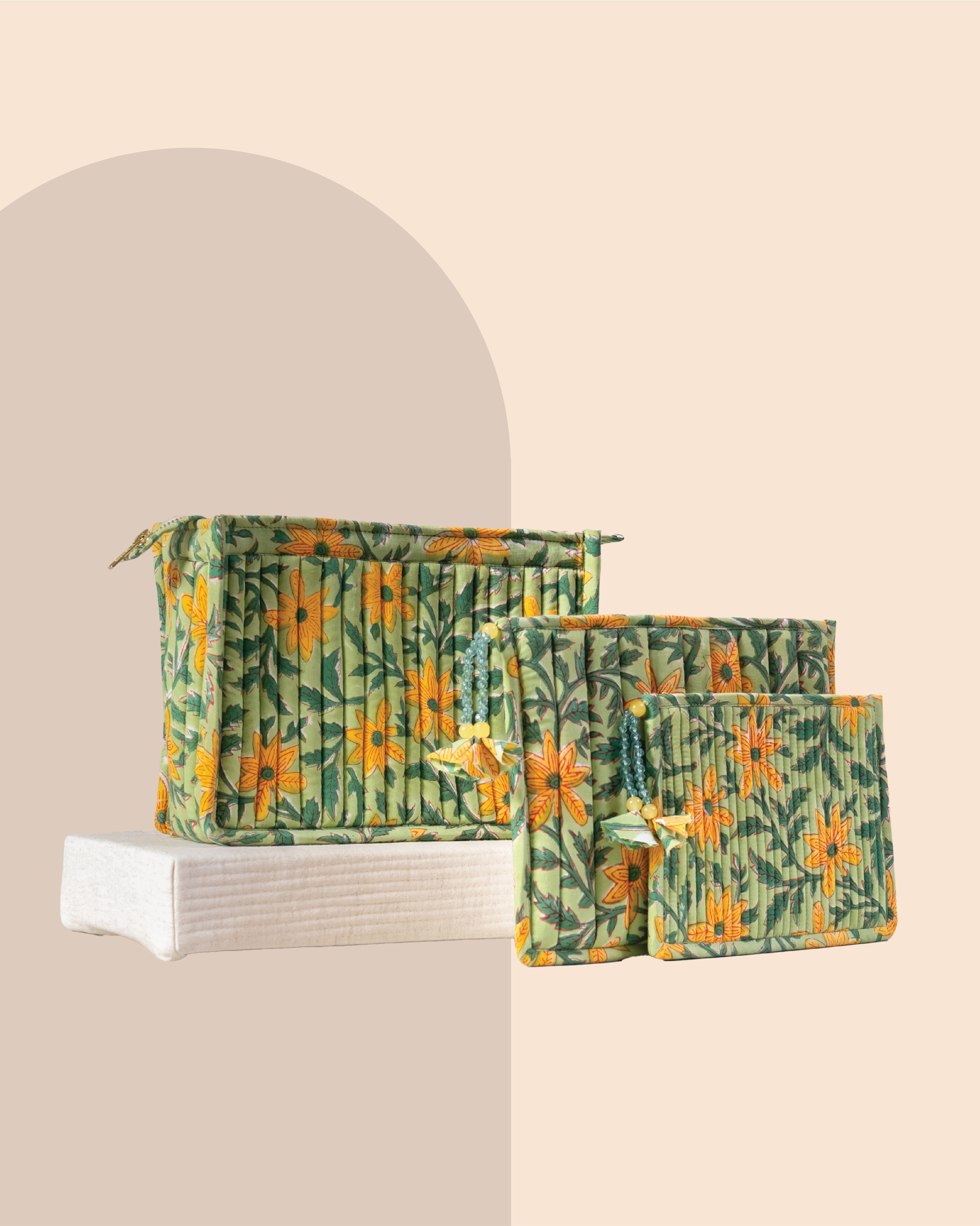 Green Meadows - Handblock Printed Quilted Pouch Trio