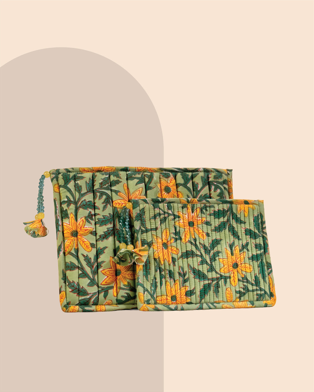 Green Meadows - Handblock Printed Quilted Pouch Trio