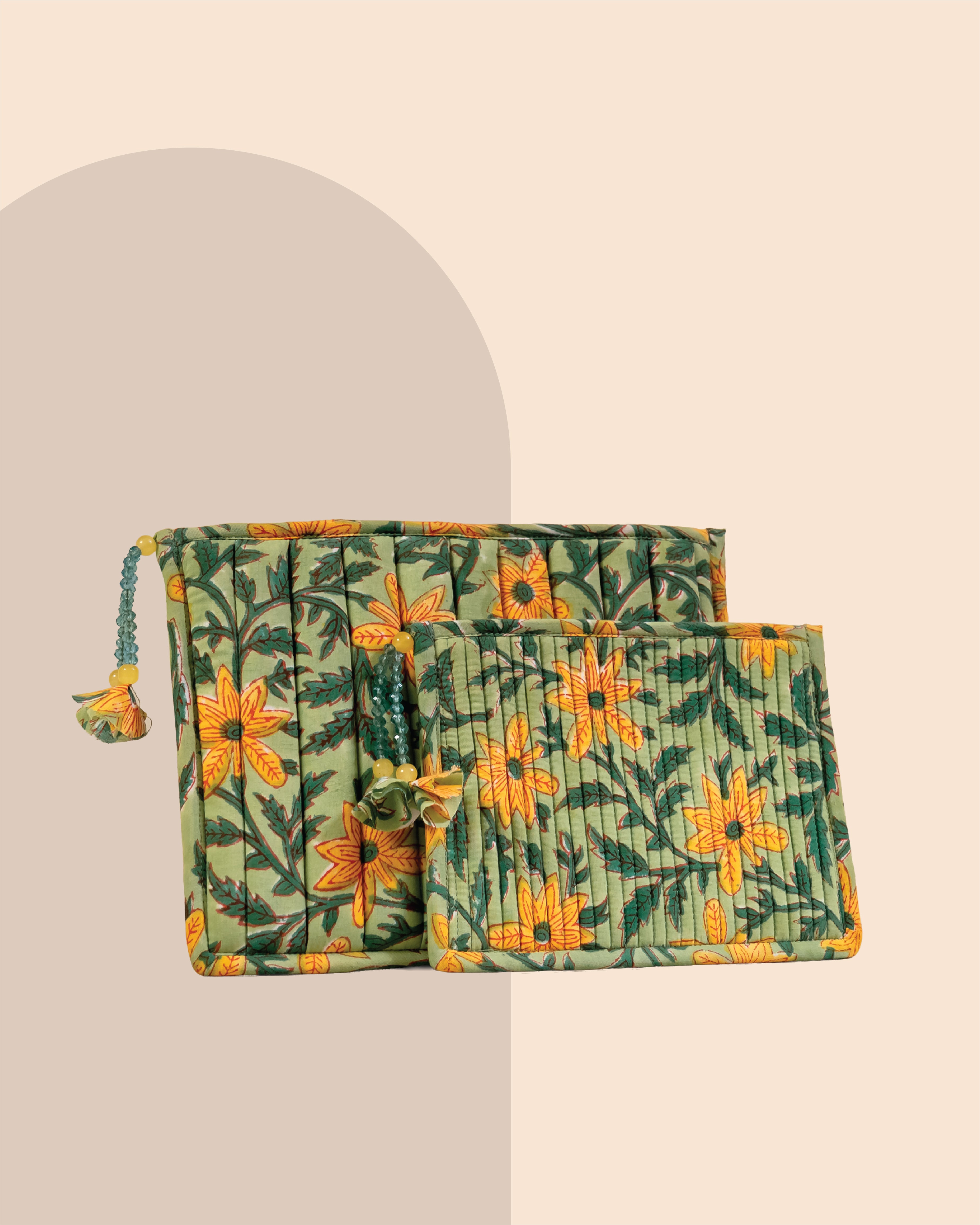 Green Meadows - Handblock Printed Quilted Pouch Trio