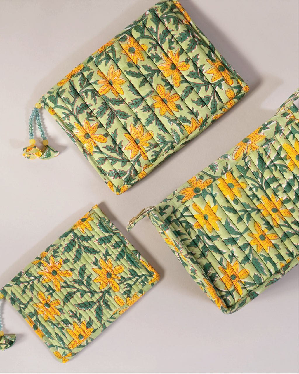 Green Meadows - Handblock Printed Quilted Pouch Trio