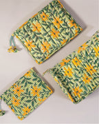 Green Meadows - Handblock Printed Quilted Pouch Trio