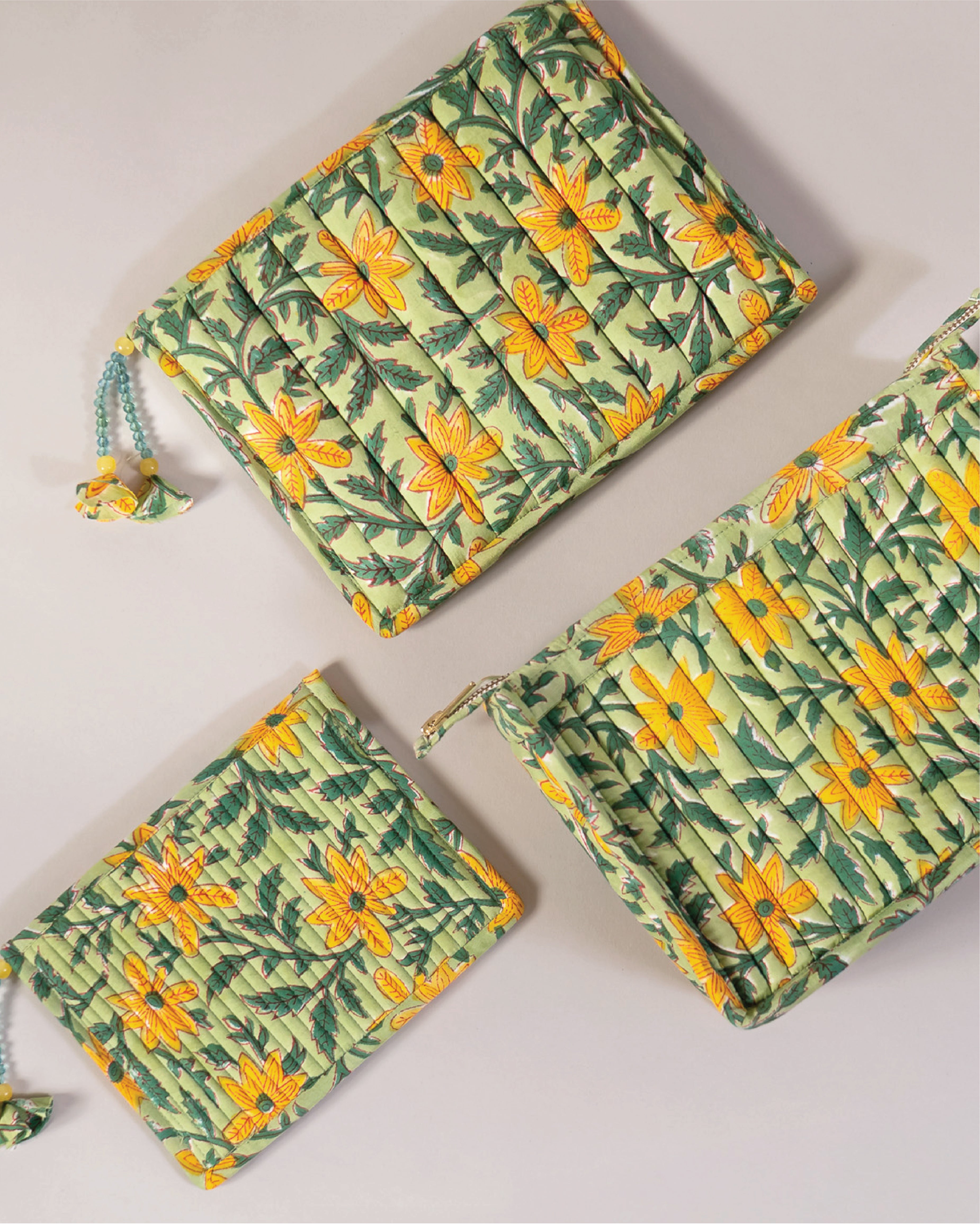 Green Meadows - Handblock Printed Quilted Pouch Trio