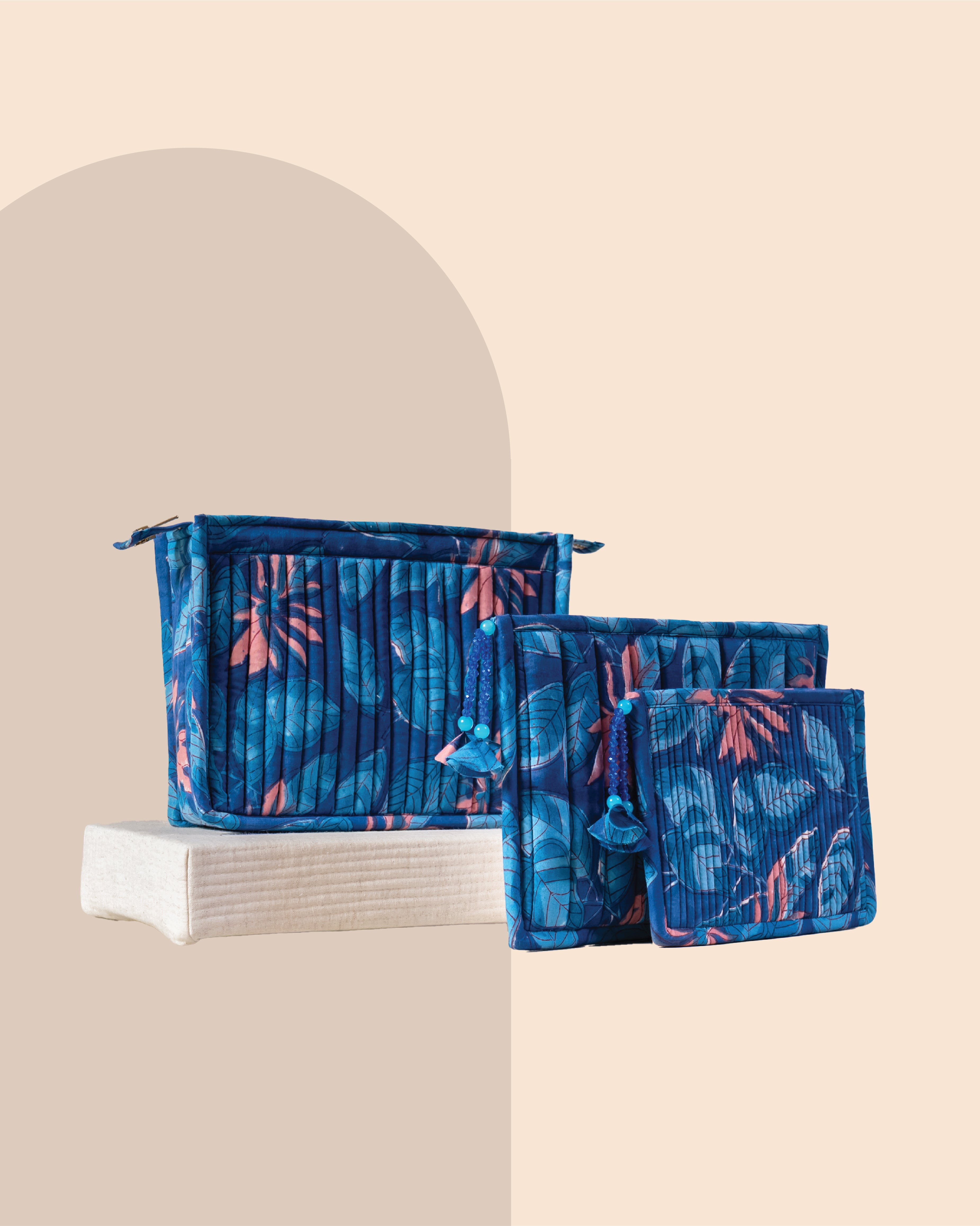 Indigo Blue - Handblock Printed Quilted Pouch Trio