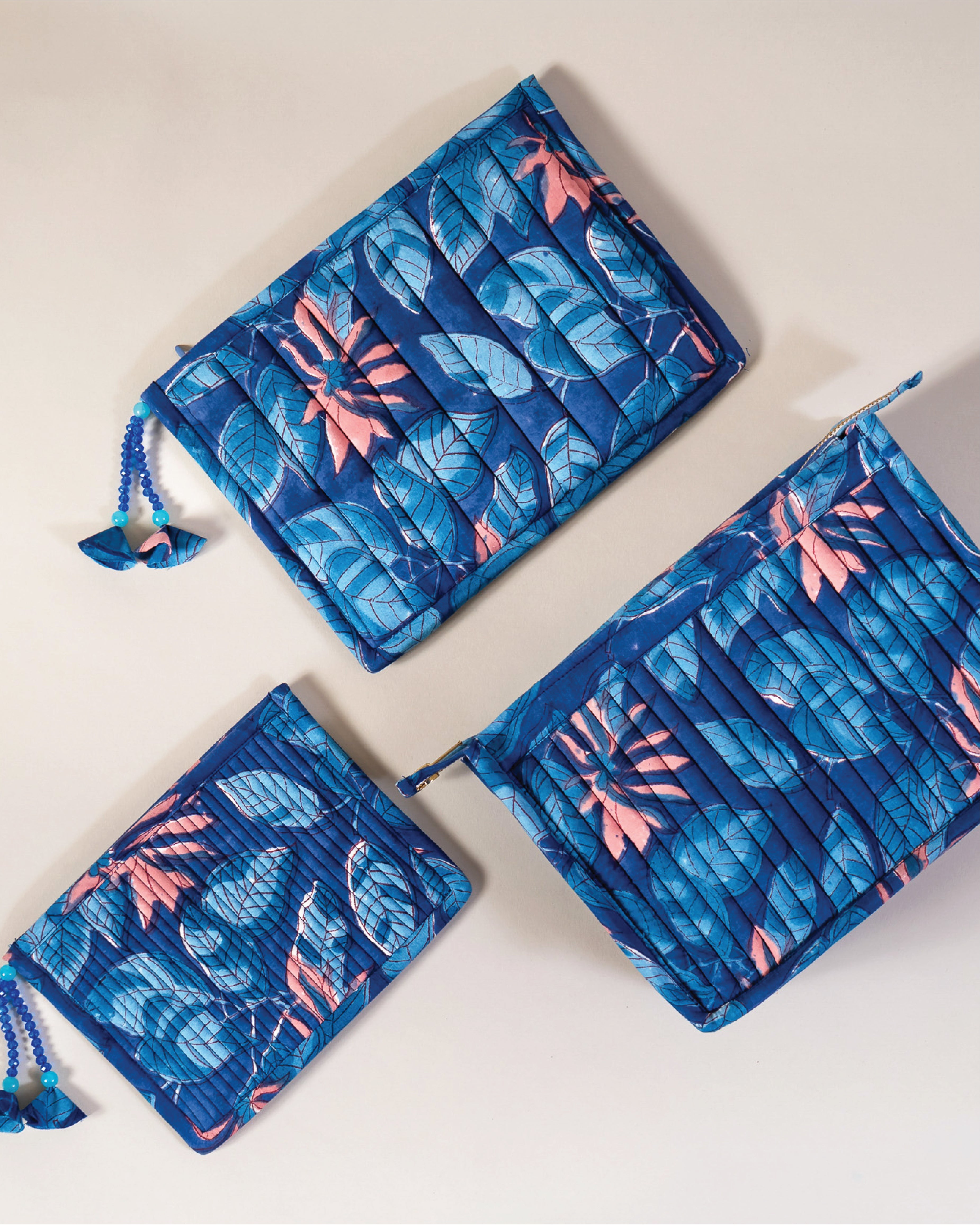 Indigo Blue - Handblock Printed Quilted Pouch Trio
