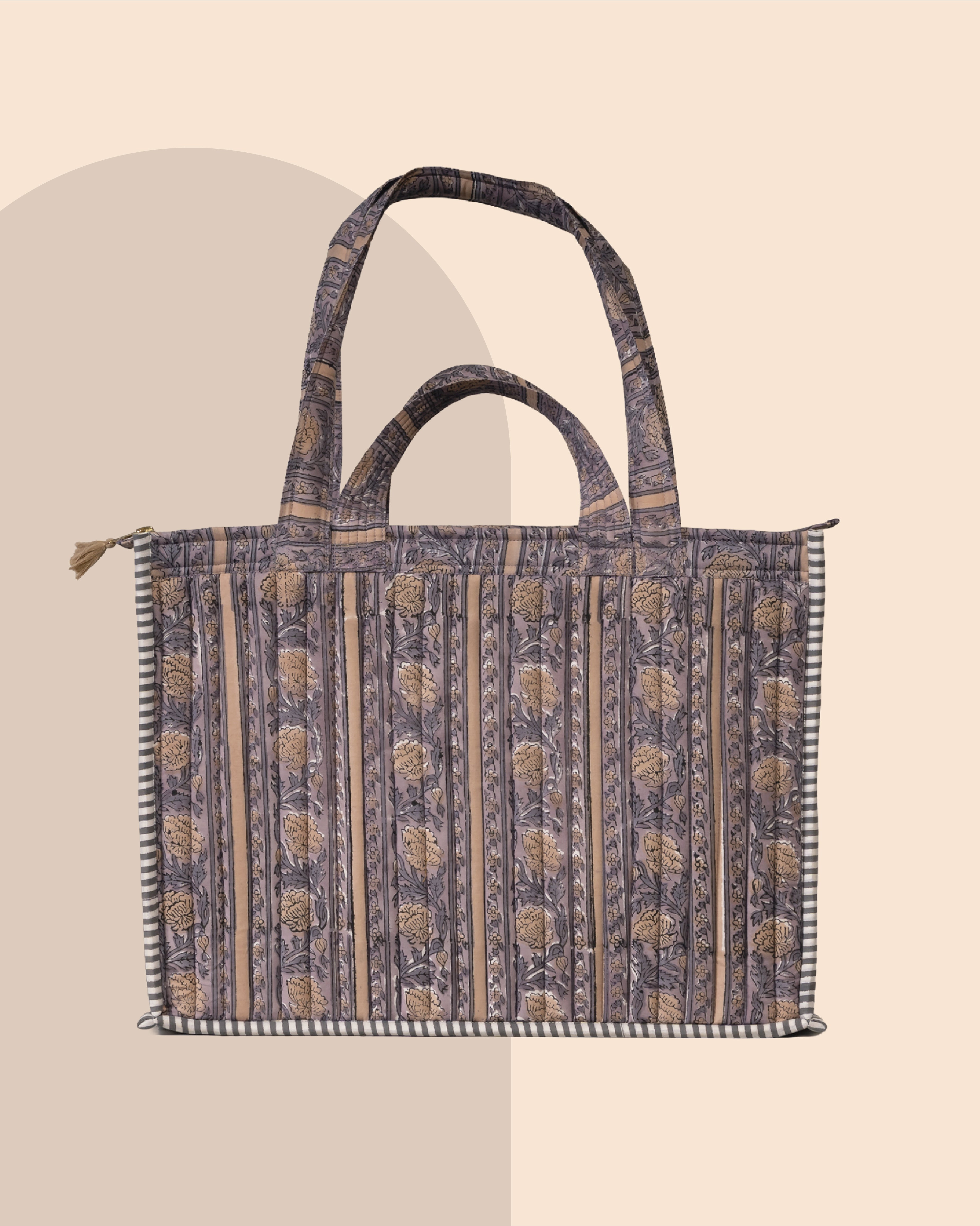 Lavender Latte - Handblock Printed Quilted Tote Bag