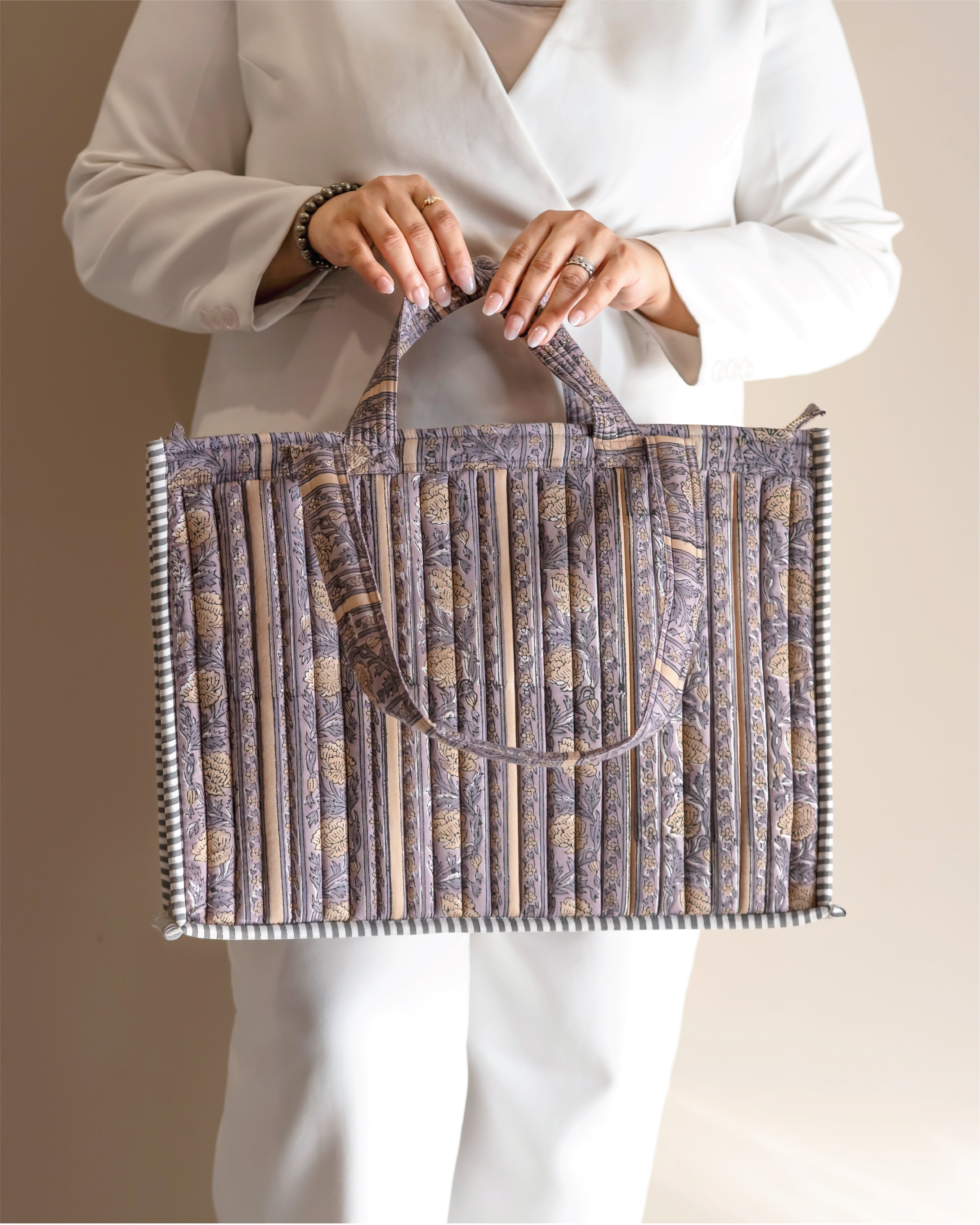 Lavender Latte - Handblock Printed Quilted Tote Bag