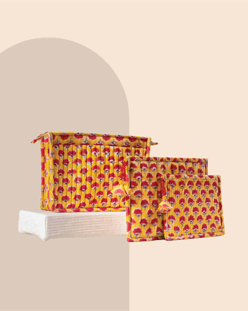 Marigold Bloom - Handblock Printed Quilted Pouch Trio