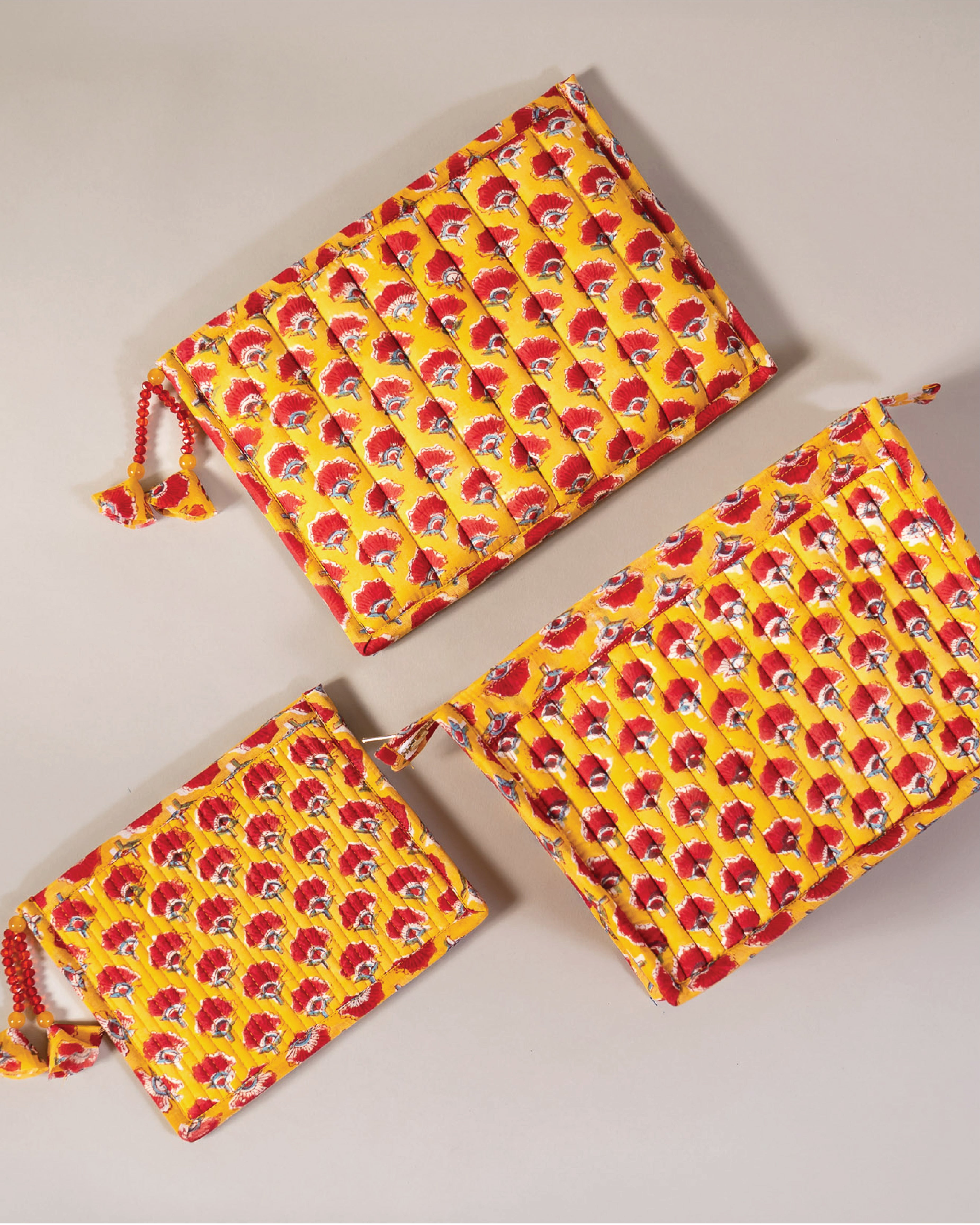 Marigold Bloom - Handblock Printed Quilted Pouch Trio
