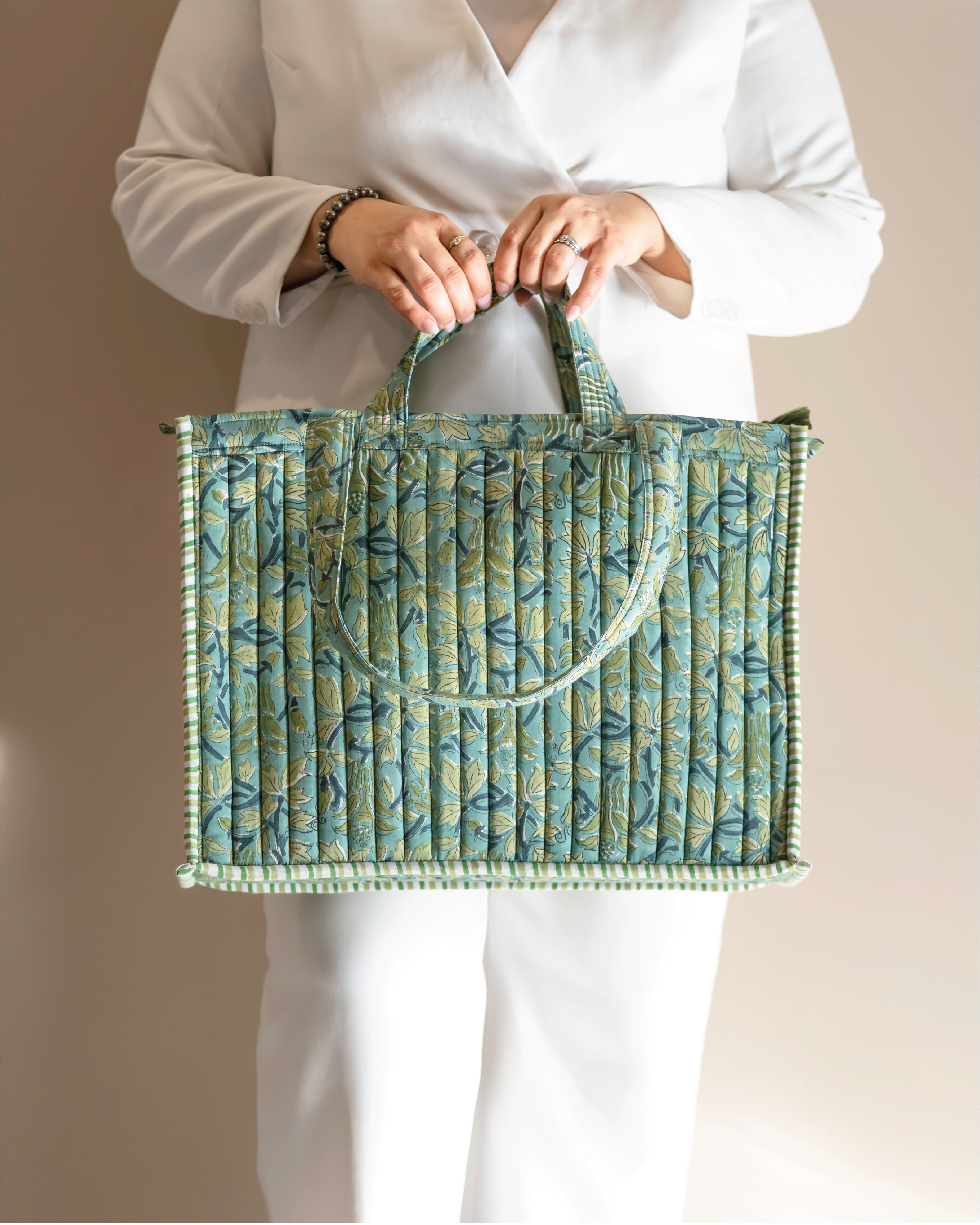 Matcha Mood - Handblock Printed Quilted Tote Bag