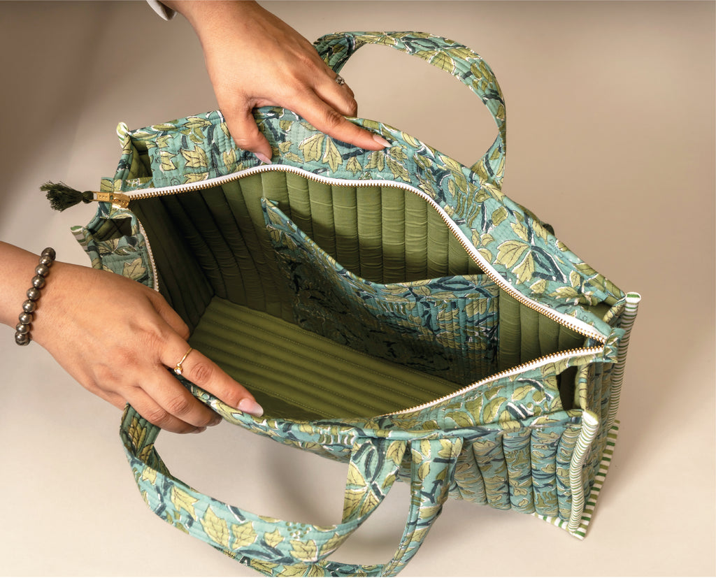 Matcha Mood - Handblock Printed Quilted Tote Bag